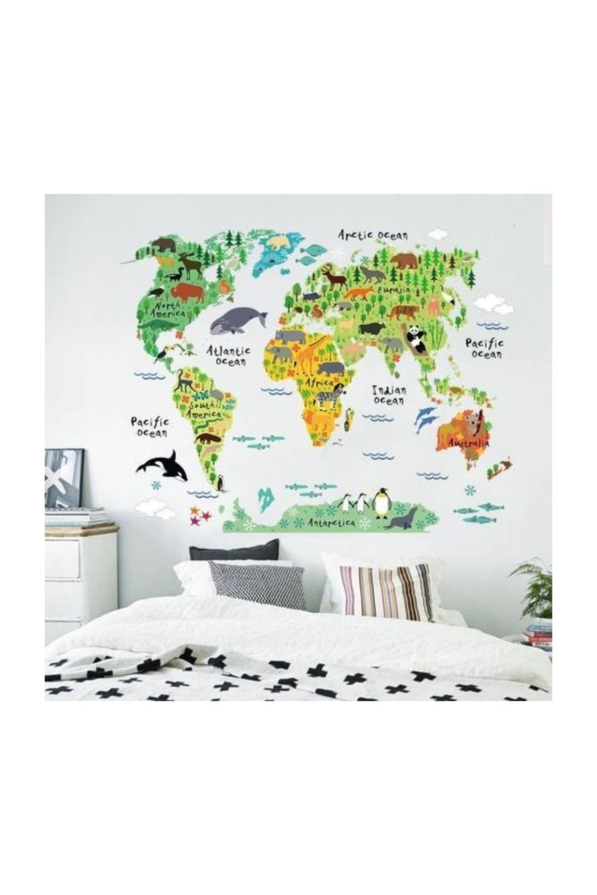 cosy home gift cocuk odasi renkli hayvanli egitici dunya haritasi ev duvar sticker pvc fiyati yorumlari trendyol