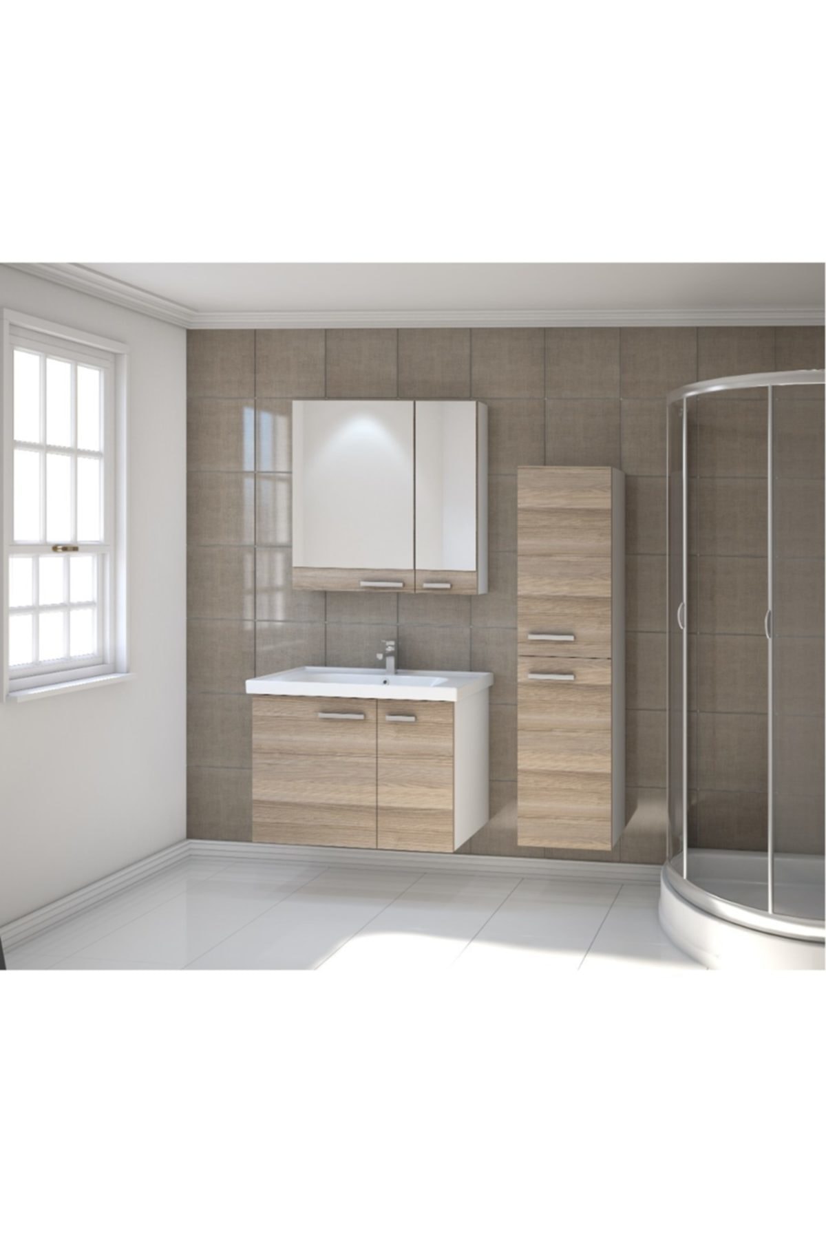 Kare Banyo Kare Terra Serisi 80 cm Mdf Banyo Dolabı Takımı + Seramik Lavabo + Boy Dolabı