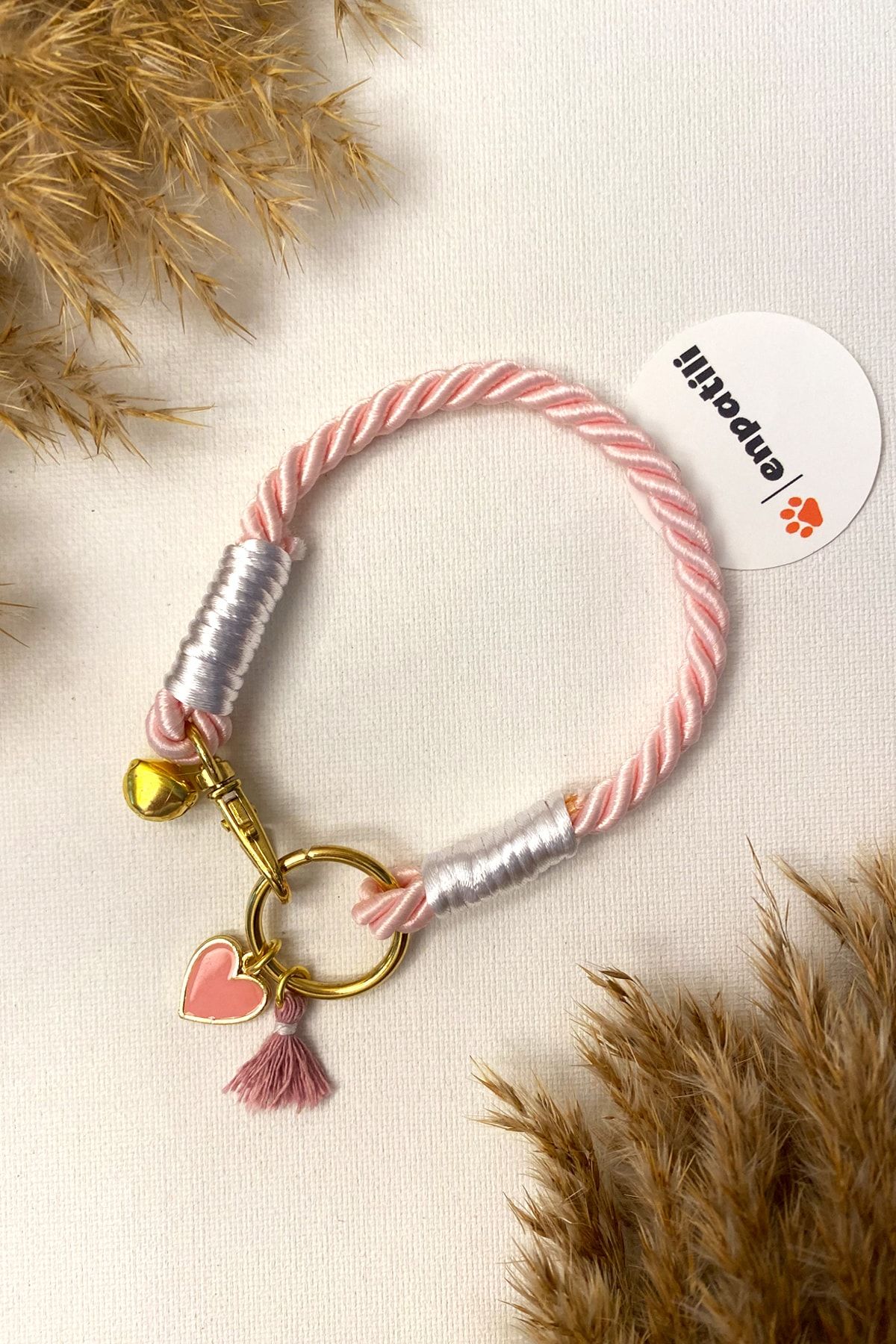 Enpatili Gold Pembe Zilli Kedi Tasması Kedi Kolyesi Kalp Detaylı  23 cm