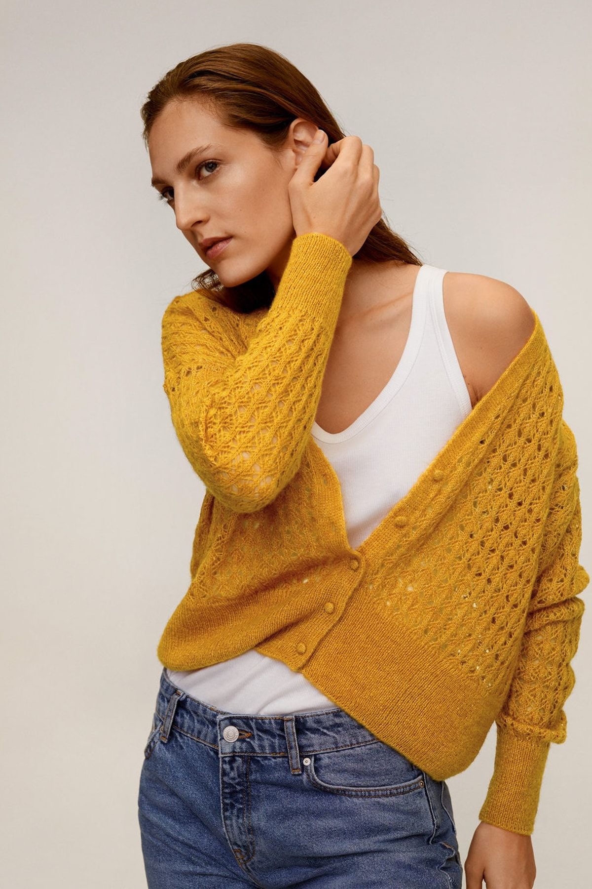 mango woman kadin hardal rengi delikli orgu hirka 67094760 fiyati yorumlari trendyol