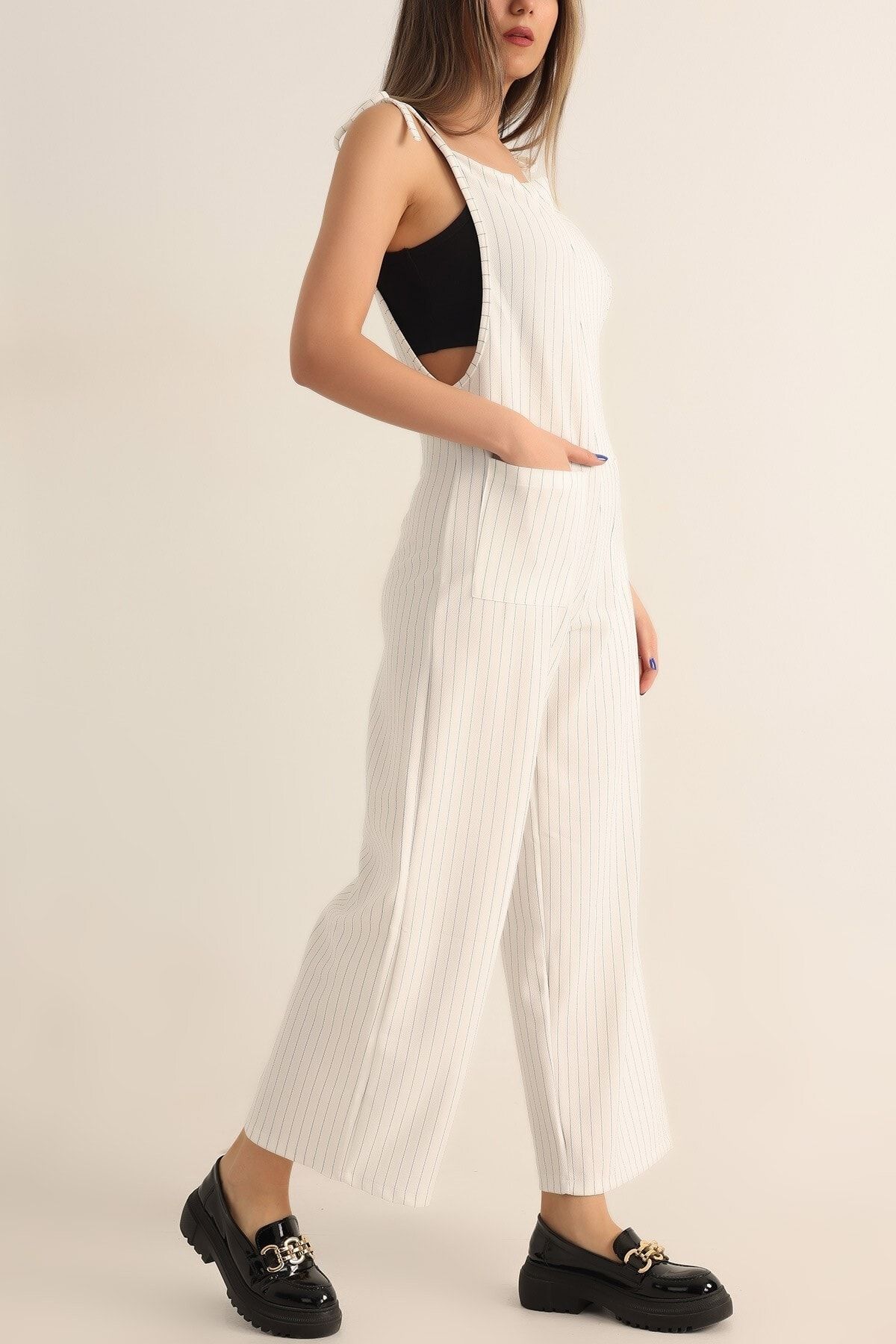 White pinstripe jumpsuit hot sale