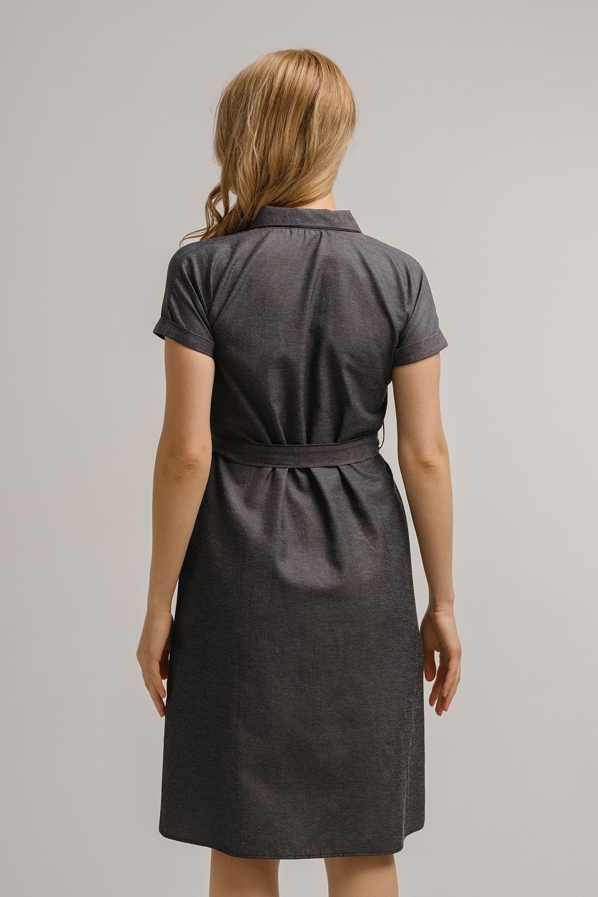 Kadın Füme Beli Kemerli Kısa Kol Gömlek Elbise Arm-19y001068