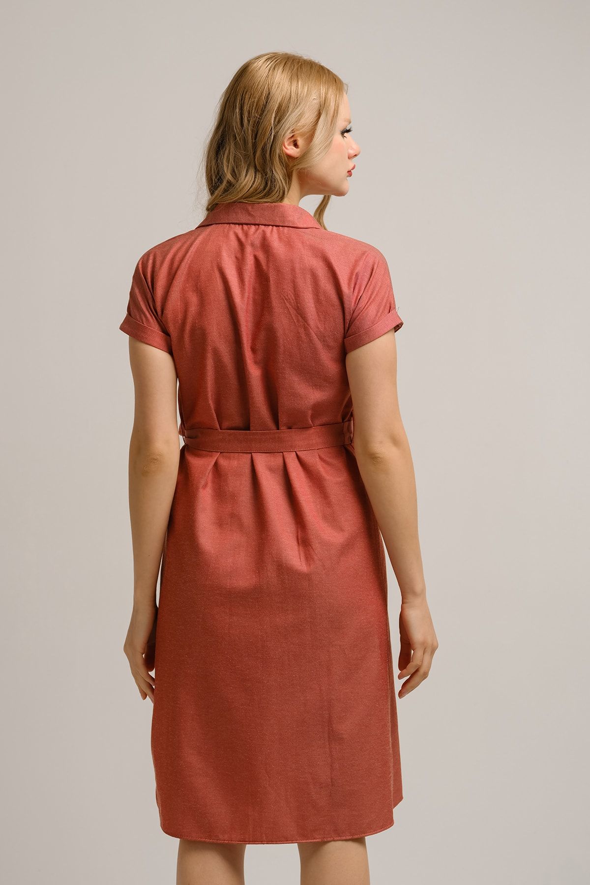 Kadın Kiremit Beli Kemerli Kısa Kol Gömlek Elbise Arm-19y001068