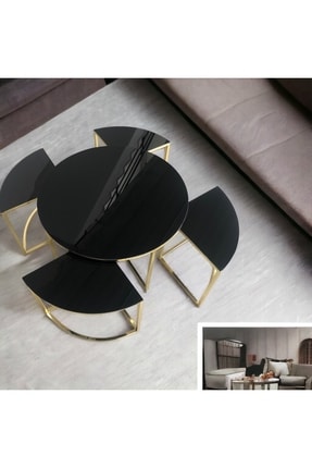 ORTA SEHPA PİZZA 4+1 GOLD KAPLAMA SİYAH TEMPERLİ CAMLI Image 0