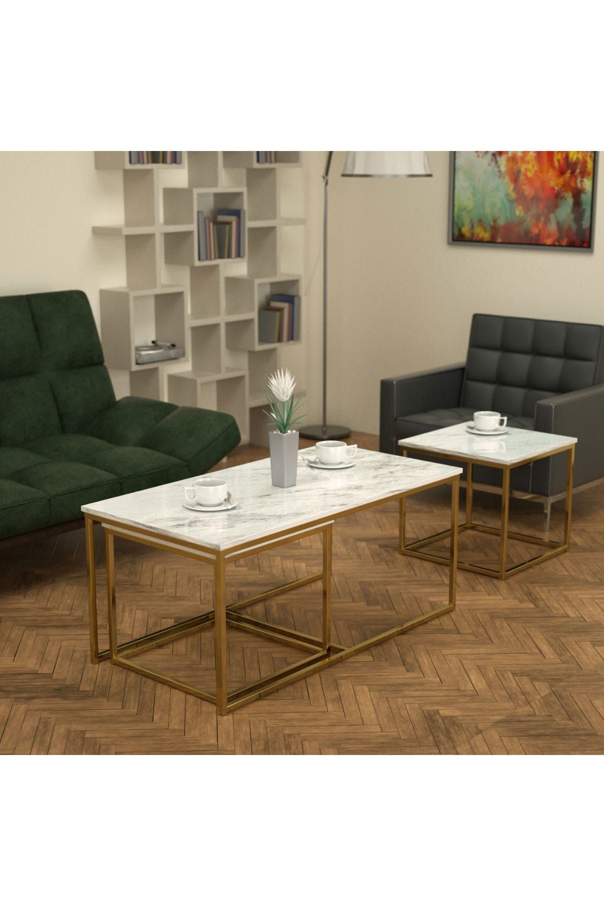 Evka Twins İç İçe Geçmiş Sehpa Pirinç Ayak Beyaz Mermer Tabla