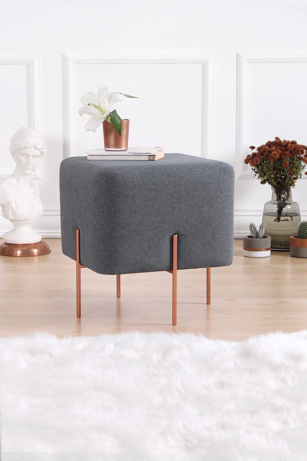 Lorencehome Copper Puf - Kare Koyu Gri