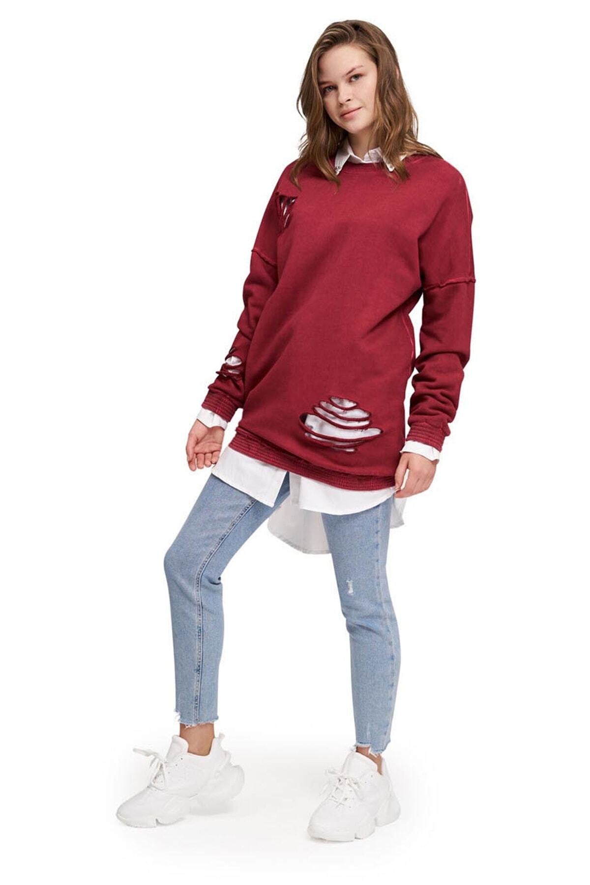 Mizalle Youth Kadın Bordo Özel Yıkamalı Sweatshirt -BORDO