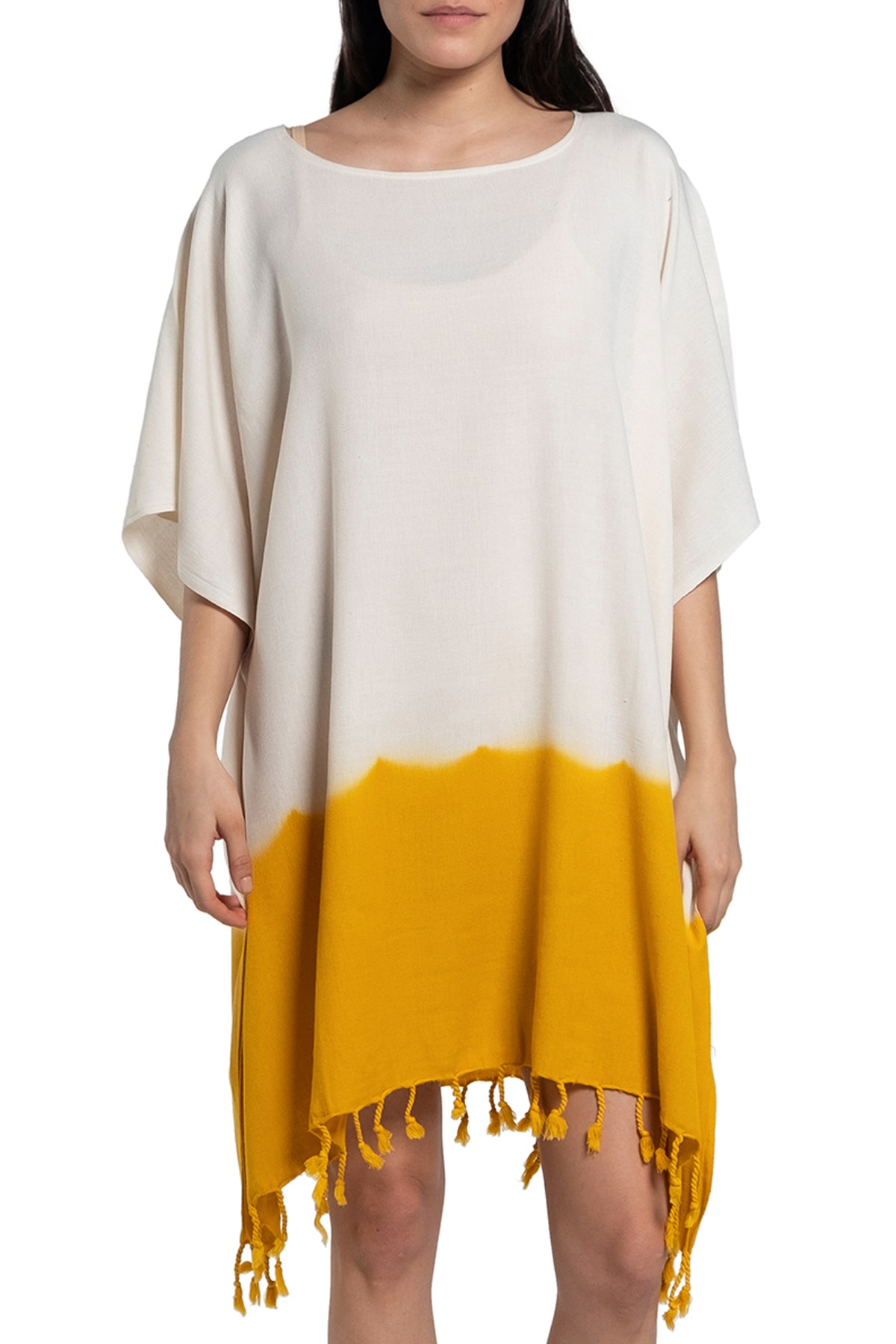 Hare Plaj Elbisesi Tünik Bej-sarı Batik Standart Bambu Pamuk