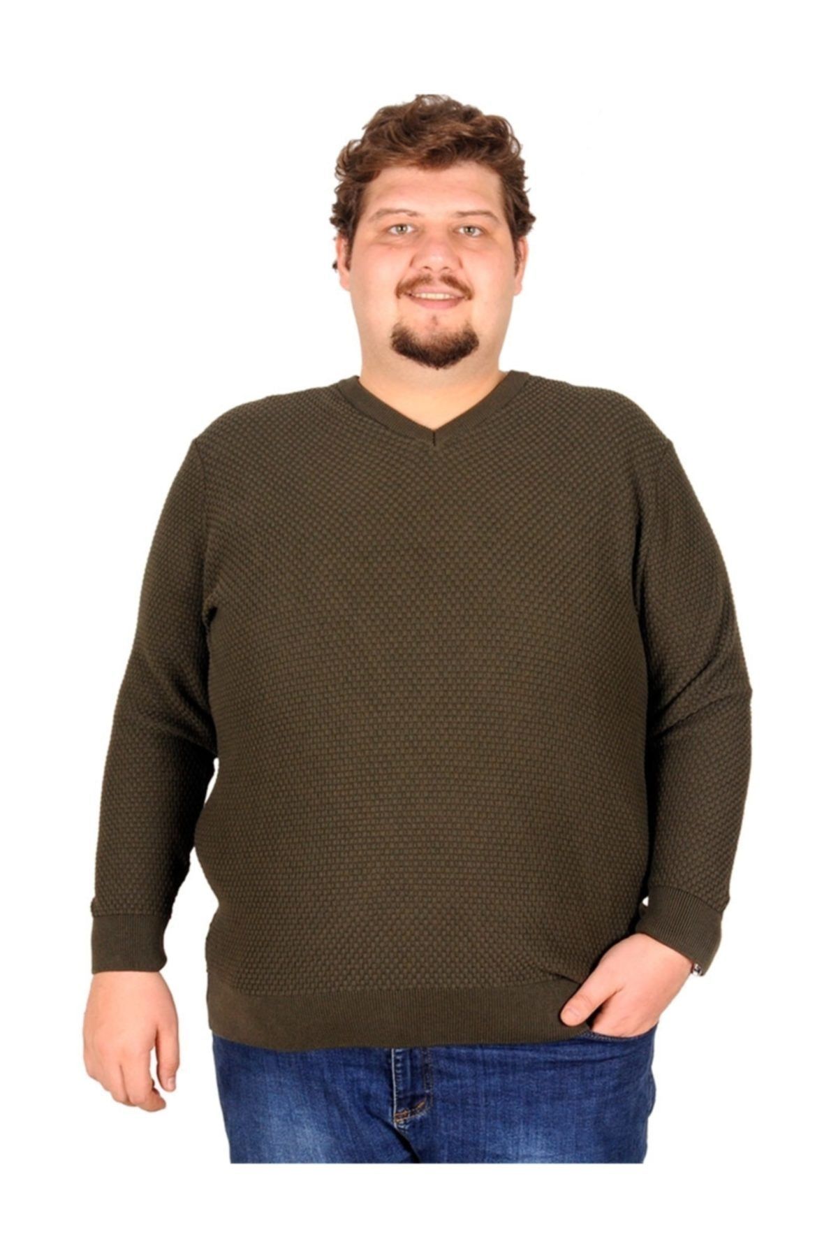 ModeXL Erkek Kazak V Yaka Waffle Lings 18255 Haki