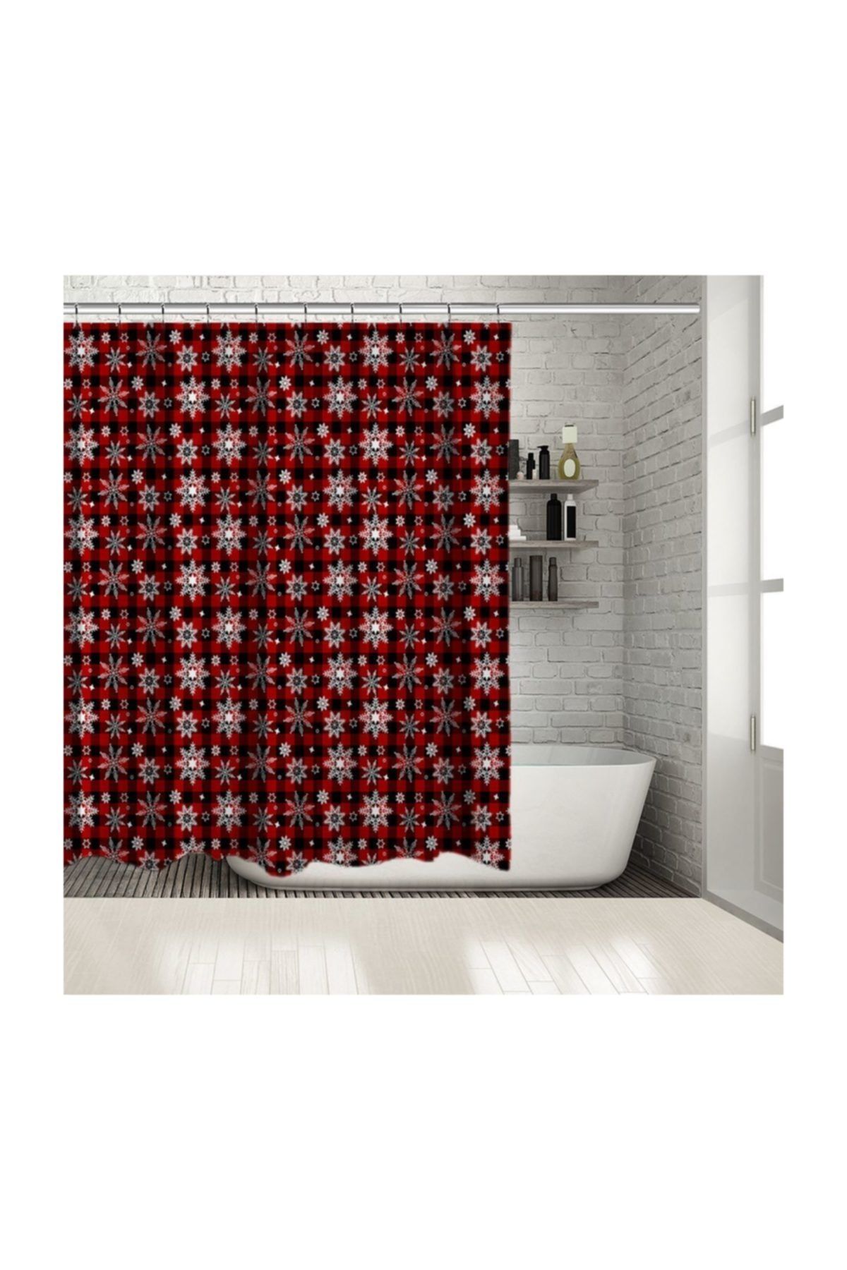 Henge Home Noel Yılbaşı Kırmızı Siyah Ekose Desenli Kar Taneli Duşperdesi