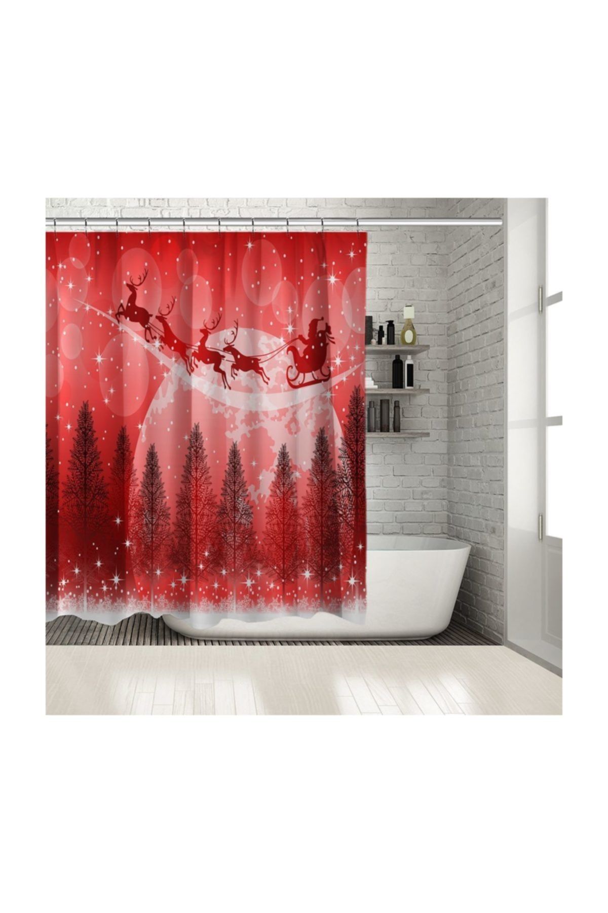 Henge Home Kırmızı Gece Ay Yıldızlar Ağaçlar Üzerinde Uçan Kızaklı Noel Baba Duşperdesi