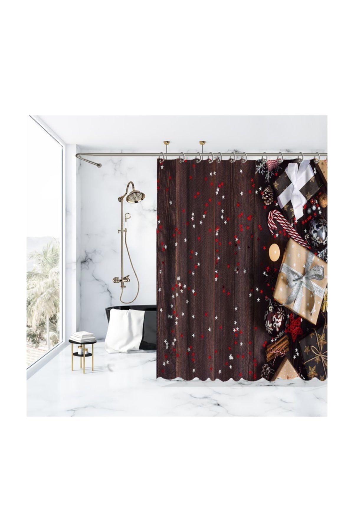 Henge Home Kırmızı Noel Yılbaşı Süsleri Hediyeler Simli Parlak Yıldız Duşperdesi