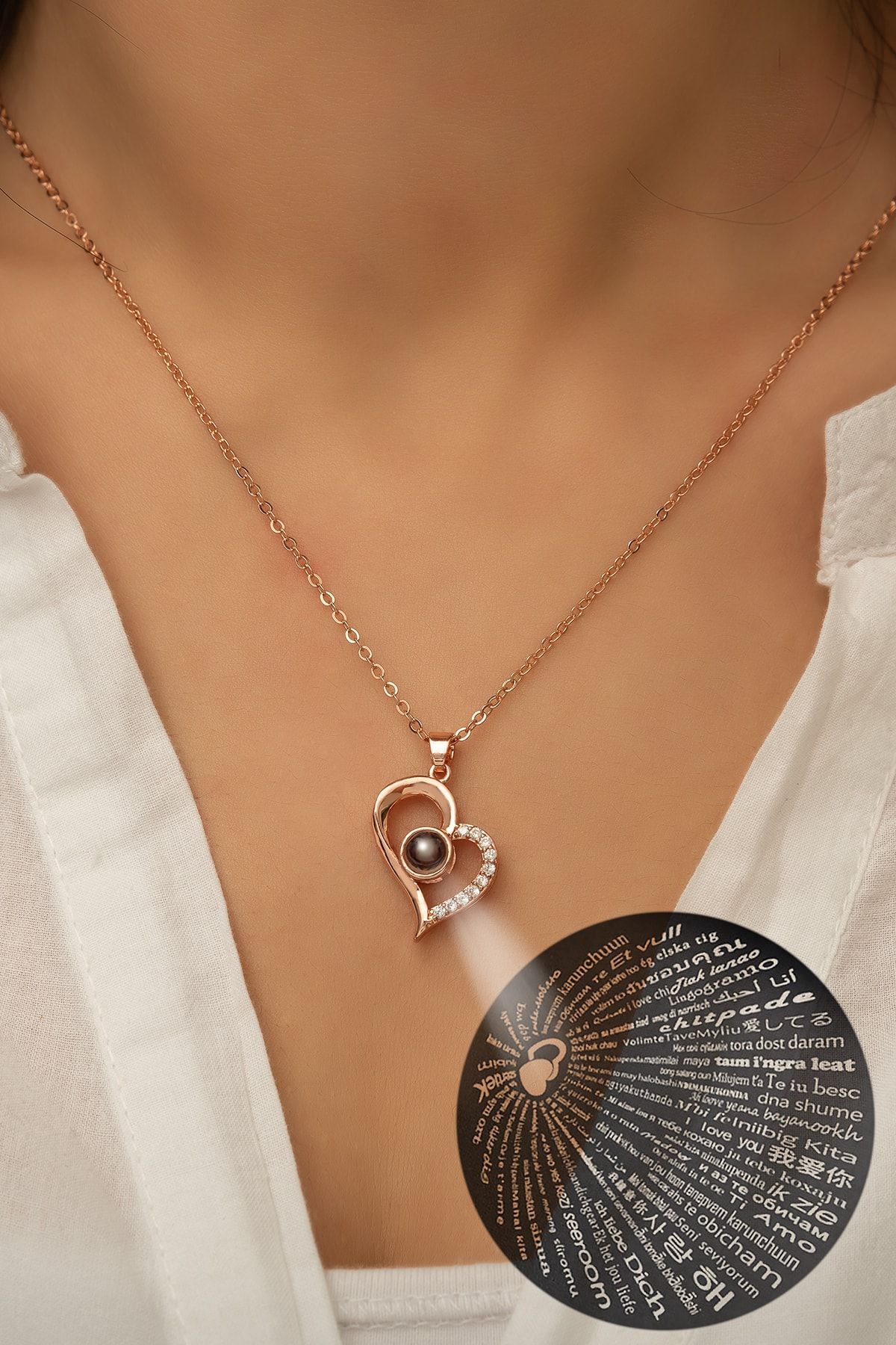 Papatya Silver 100 Dilde Seni Seviyorum Yazılı 14 Ayar Altın Rose Gold Kaplama Kolye - Auvps100016