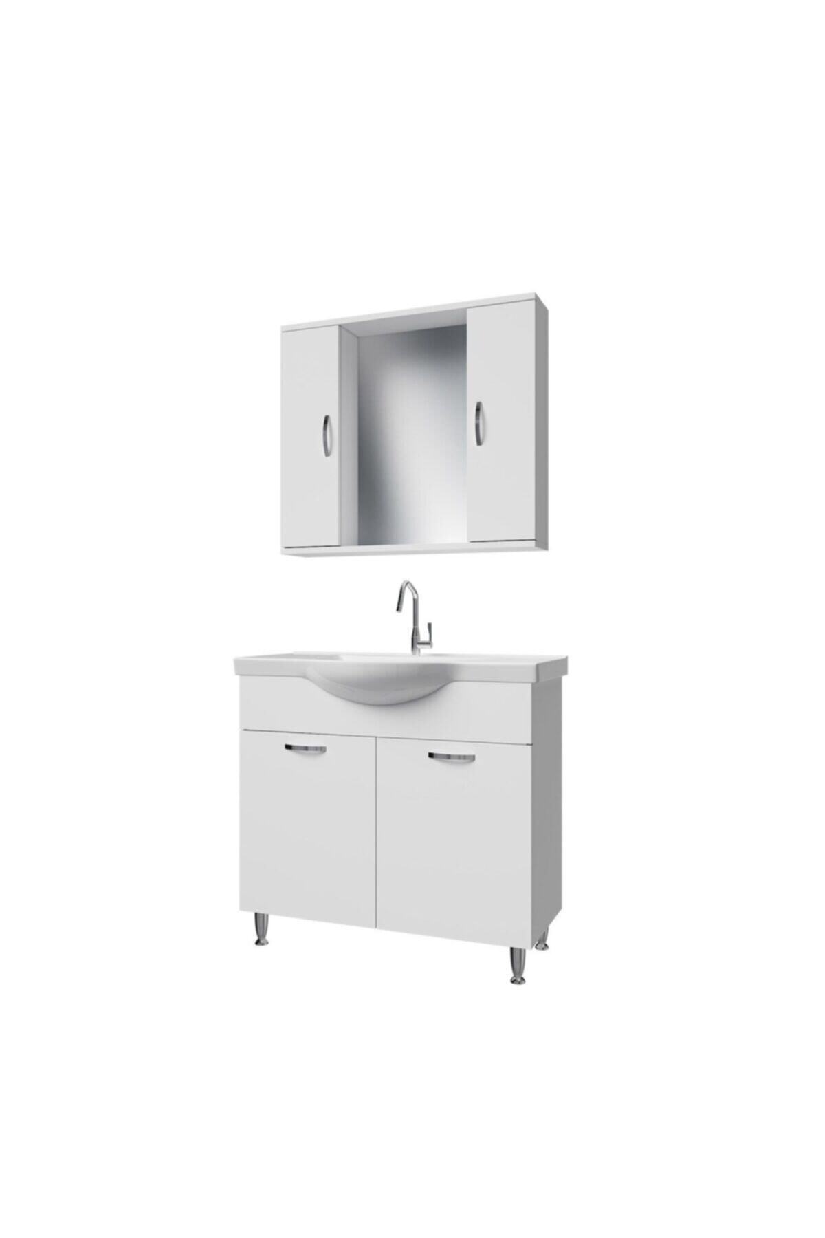 banos Kl1 Metal Ayaklı 2 Kapaklı Lavabolu Beyaz Mdf 80 Cm Banyo Dolabı Aynalı Üst Dolabı