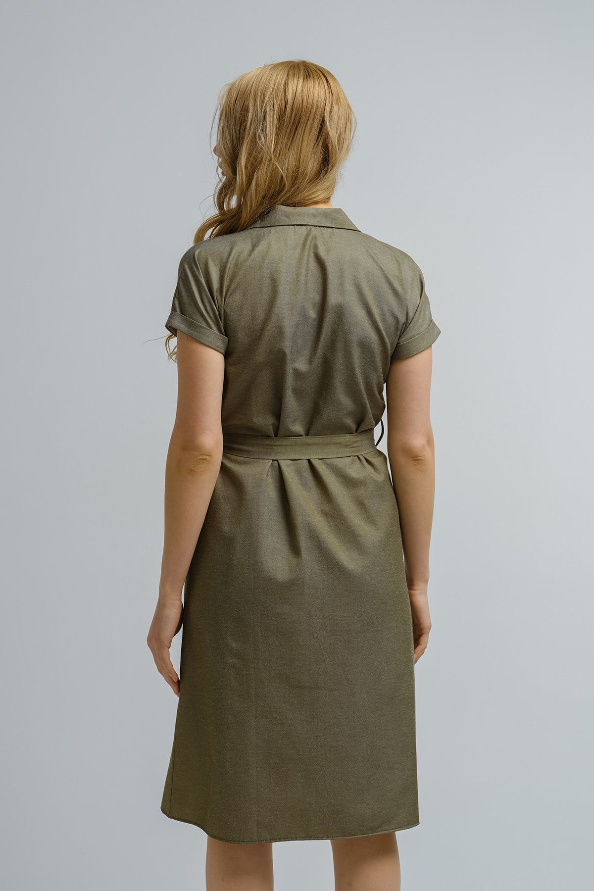 Kadın Haki Beli Kemerli Kısa Kol Gömlek Elbise Arm-19y001068