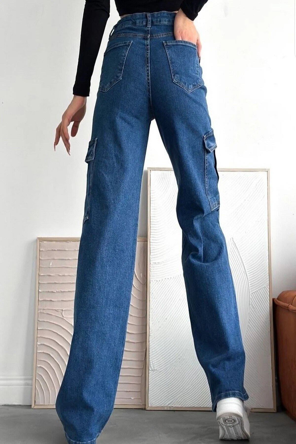 فاق بلند شلوار جیبی باری آبی Jeans Trend Cargo Pocket