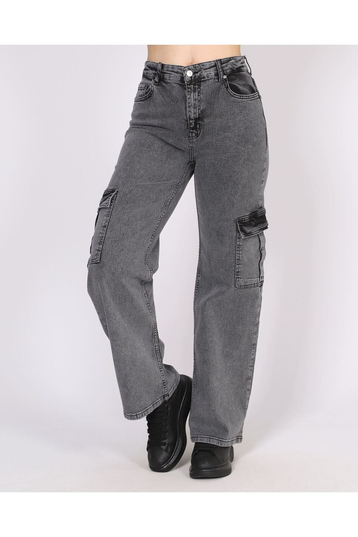 فاق بلند شلوار جین زنانه جین دودی با جیب باری
