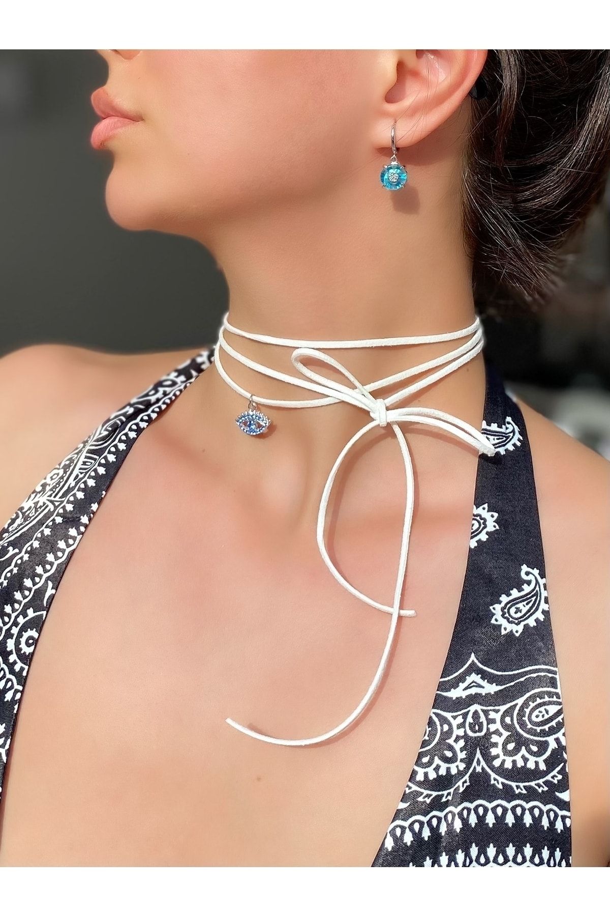 Pinky Lady Blue Eye Necklace with White String Zircon Stone Trendyol