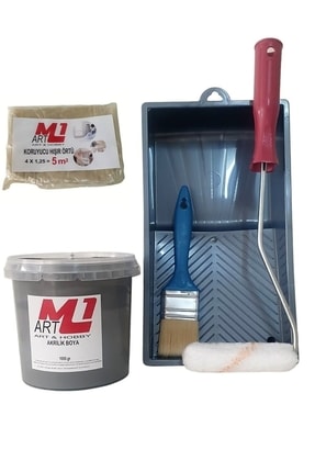 GRİ Akrilik Boya 1.kg Tava+Rulo+Örtü +Fırça -SET -Ahşap, Tuval, Seramik , Duvar ,Taş Image 0