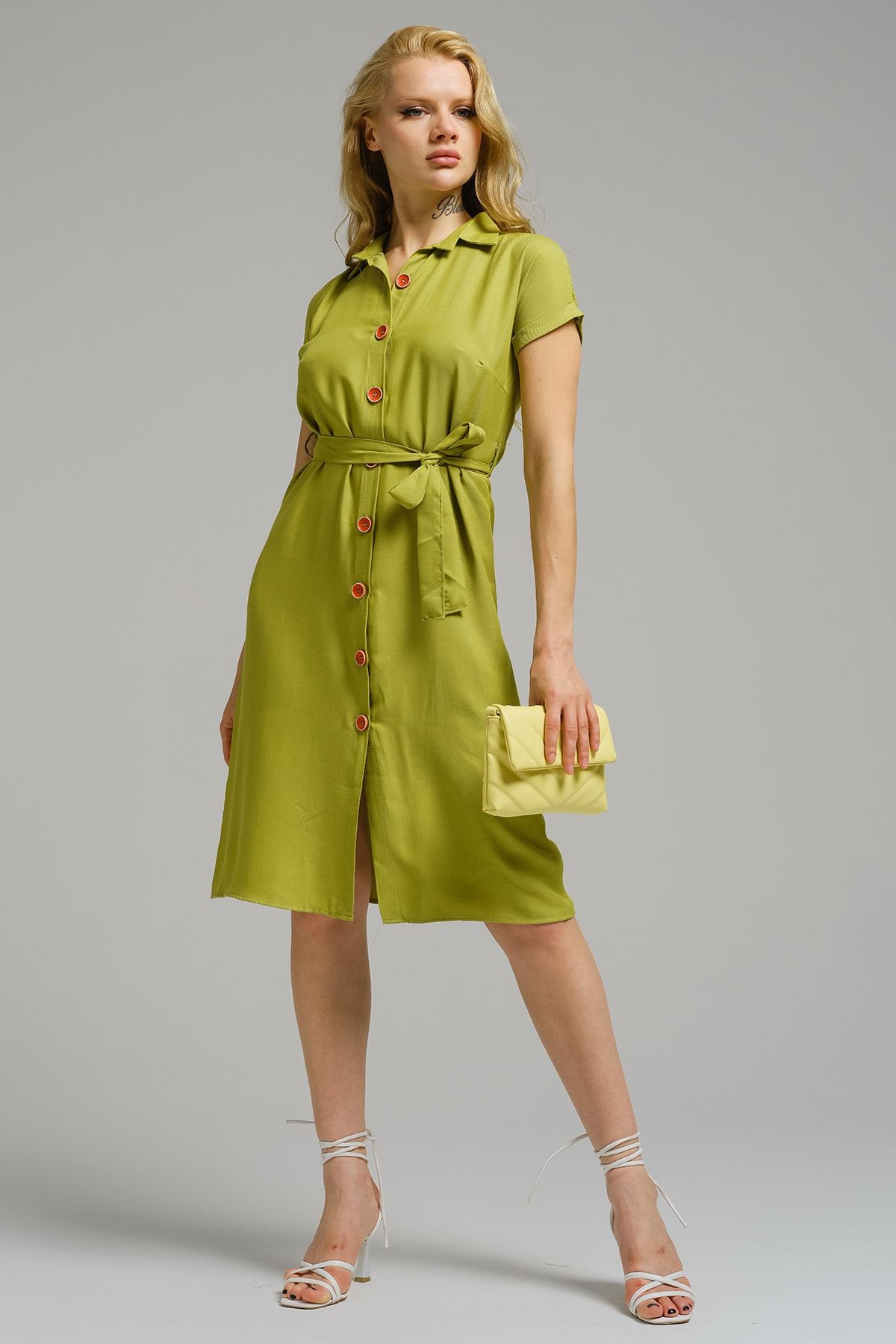Kadın Yağ Yeşili Beli Kemerli Kısa Kol Gömlek Elbise ARM-19Y001068