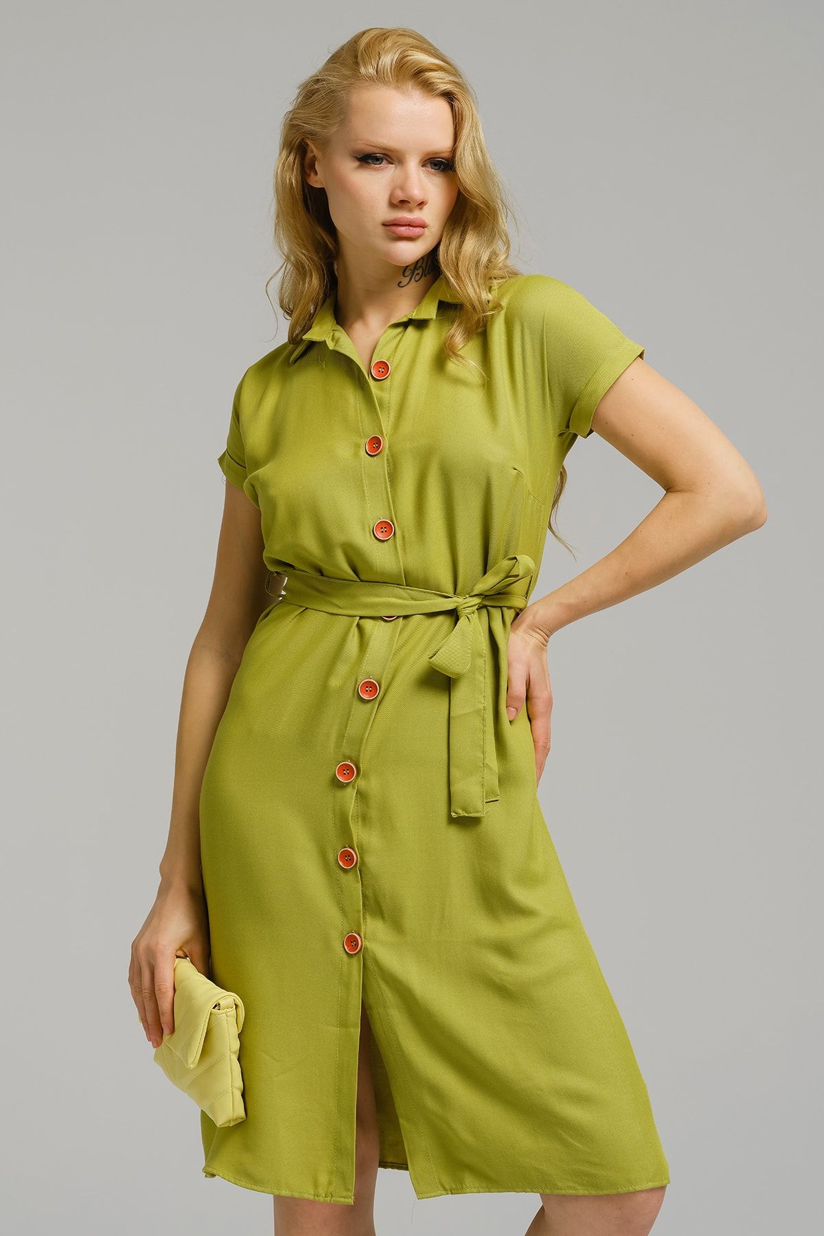 Kadın Yağ Yeşili Beli Kemerli Kısa Kol Gömlek Elbise ARM-19Y001068