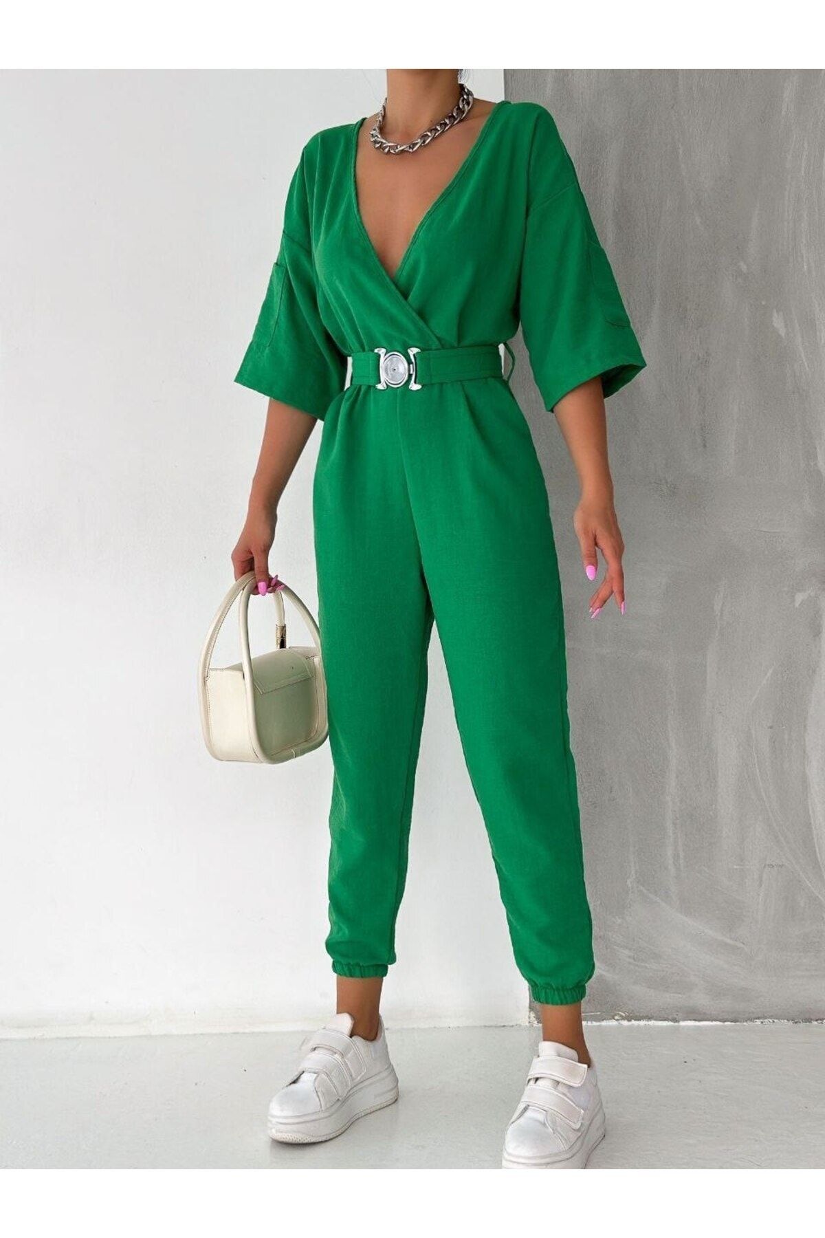 Green shop linen jumpsuit