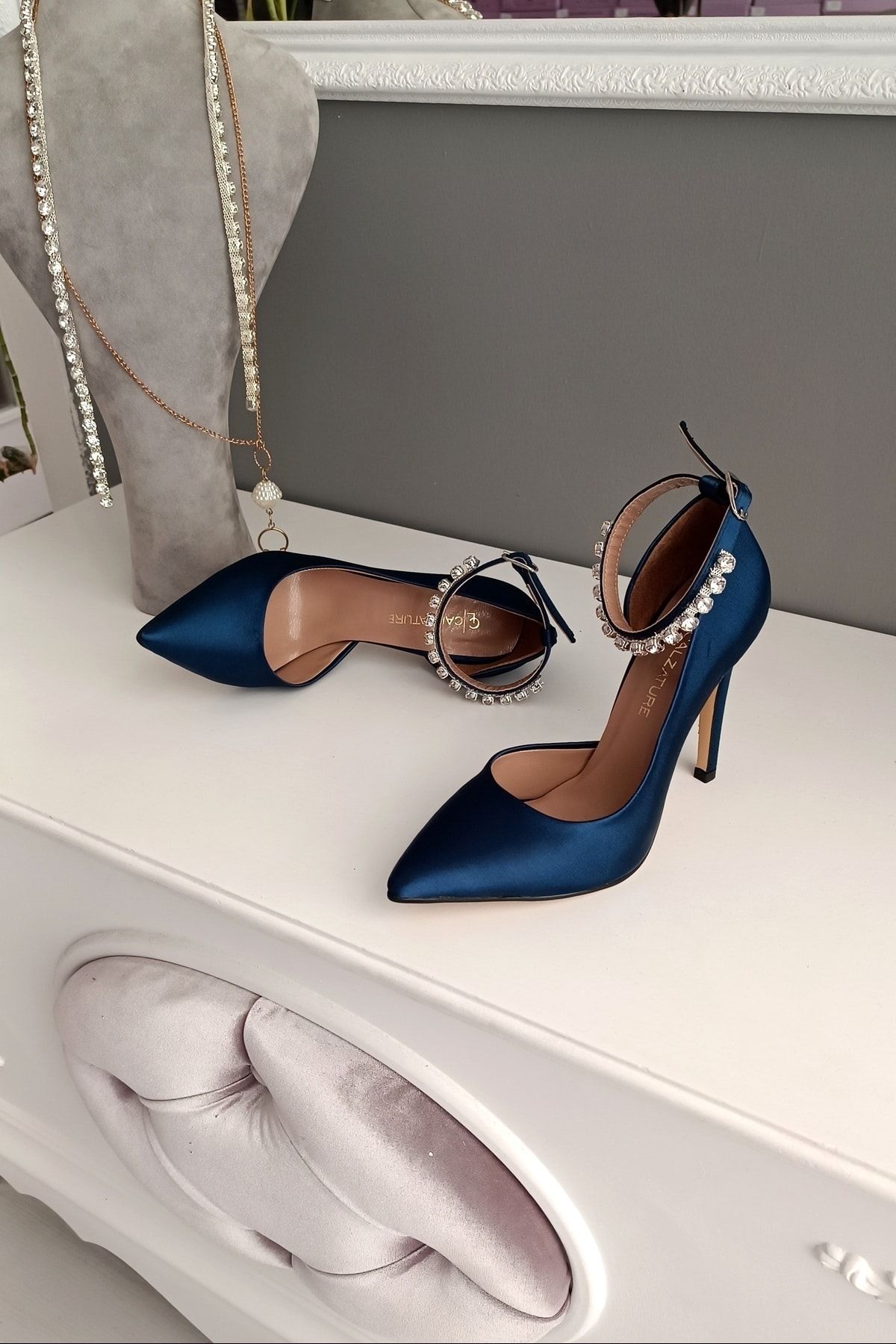 LA CALZATURE Navy Blue Satin 11cm Heeled Ankle Belt Inside Open