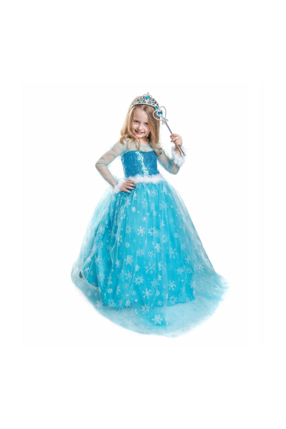 BEBEBEBEK Elsa Kostümü Frozen Elsa Simli Kostum Pelerinli Full Aksesuarlı