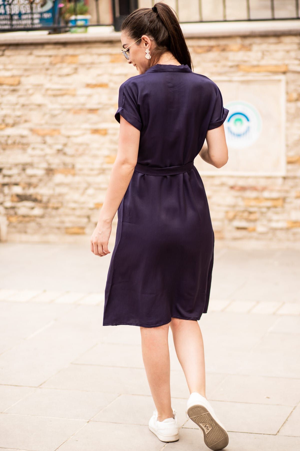 Kadın Lacivert Beli Kemerli Kısa Kol Gömlek Elbise ARM-19Y001068