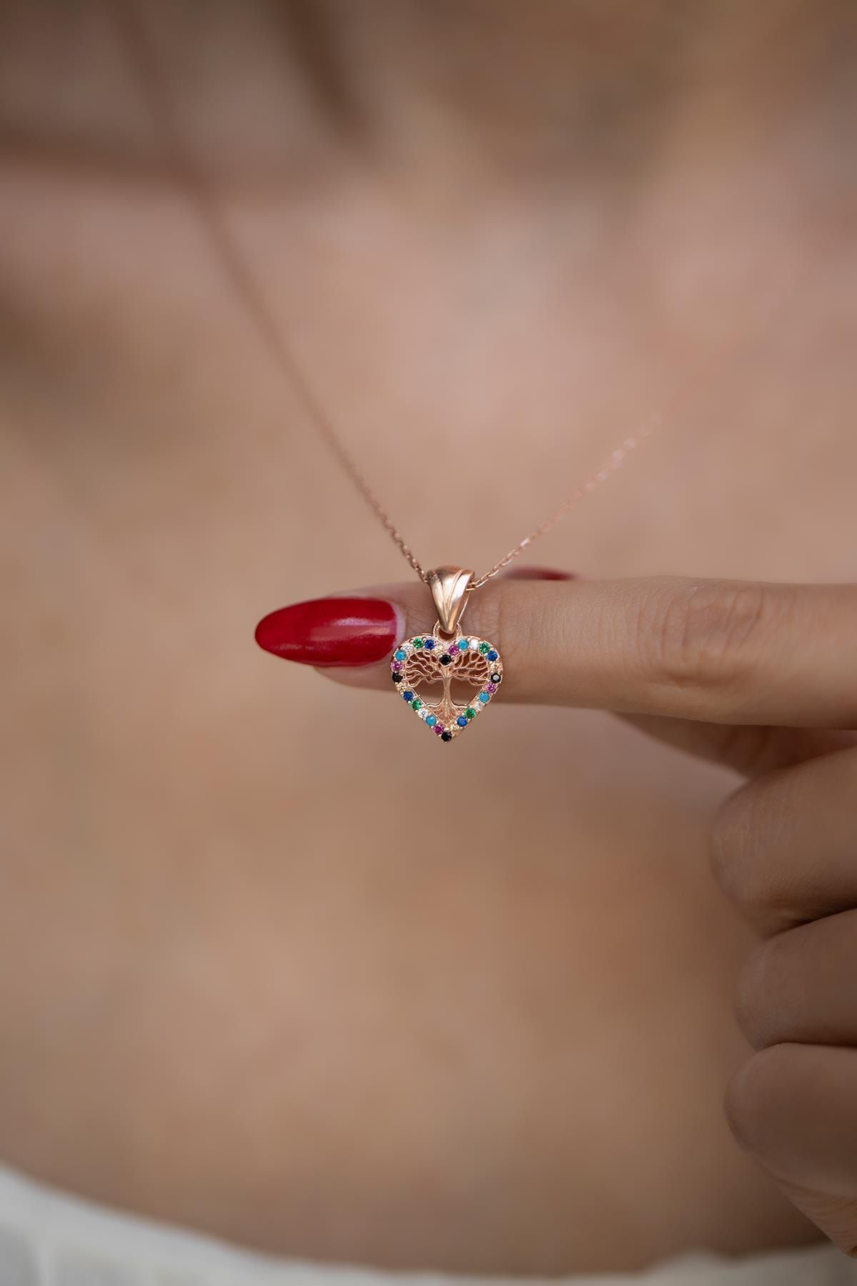 İzla Design Kadın Kalp ve Hayat Ağacı Model Rose Kaplama Gümüş Kolye İZLASLVR00519