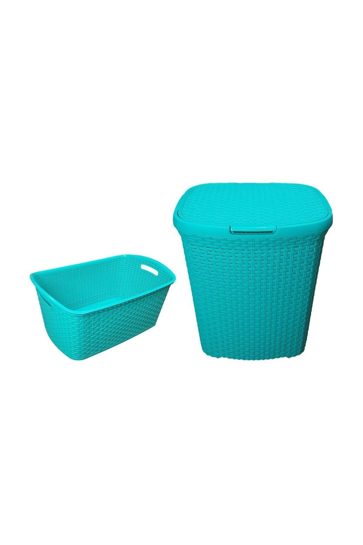 SmartWare Çamaşır Sepeti ve Selesi Seti Teal Rattan Desenli