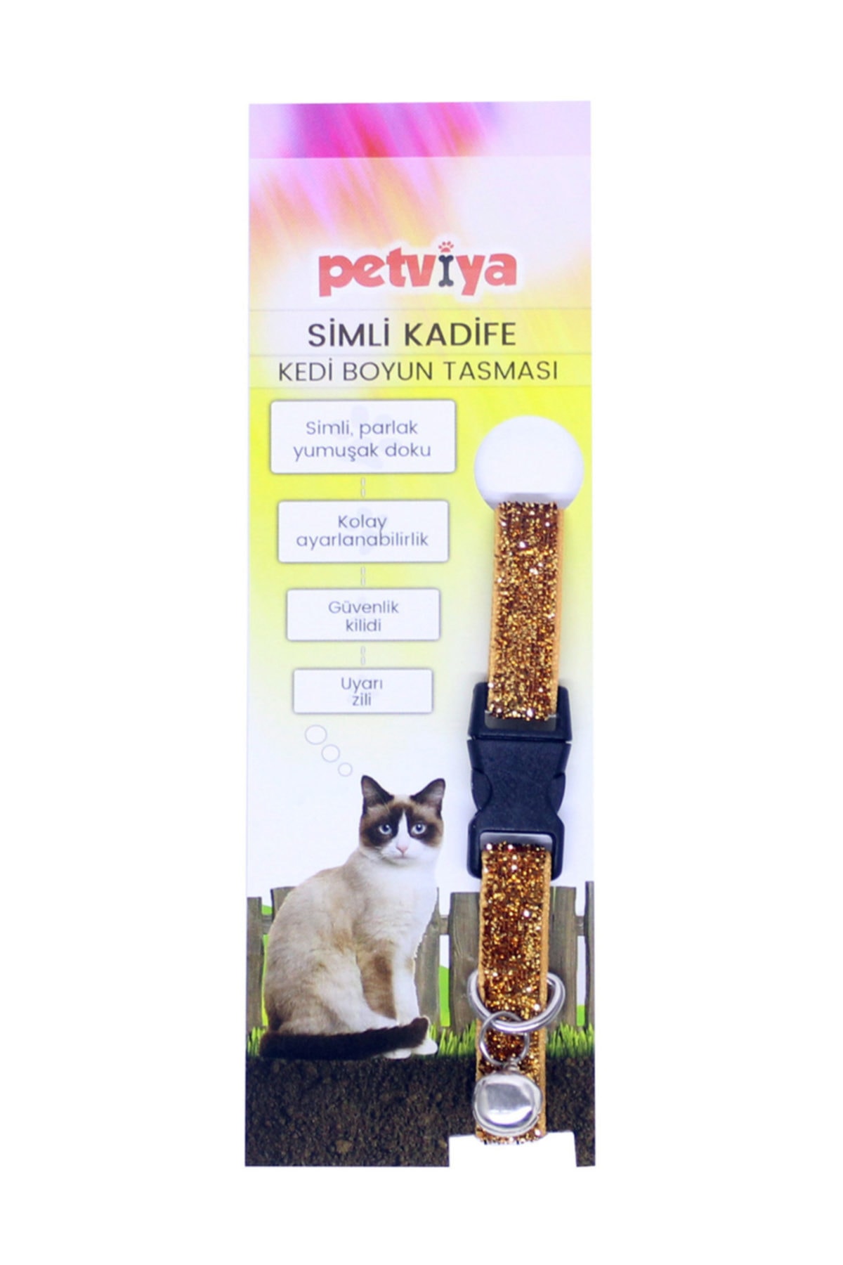 petviya Simli Kadife Kedi Boyun Tasması Parlak Doku Altın