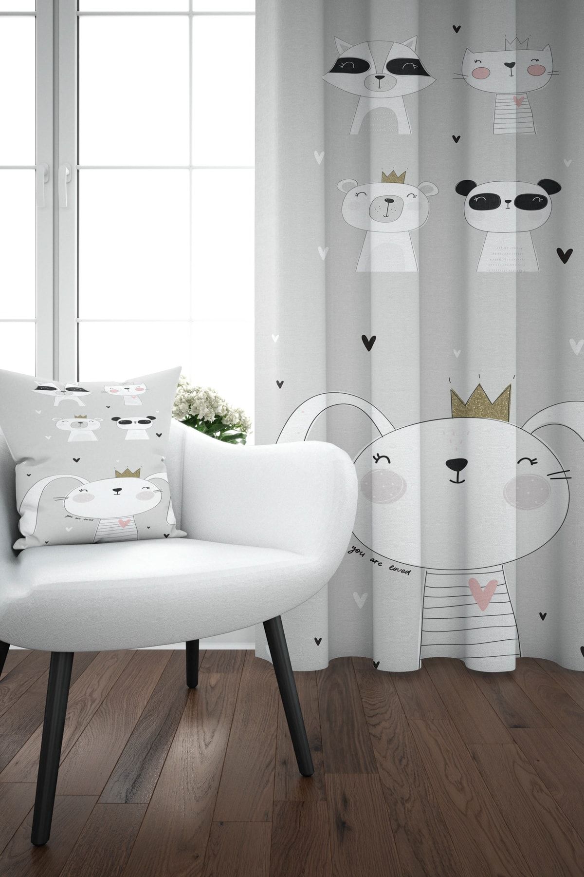 Else 140x270 Gri SEvimli Hayvan Tavşanlı İskandinav Desenli Çocuk Perdesi