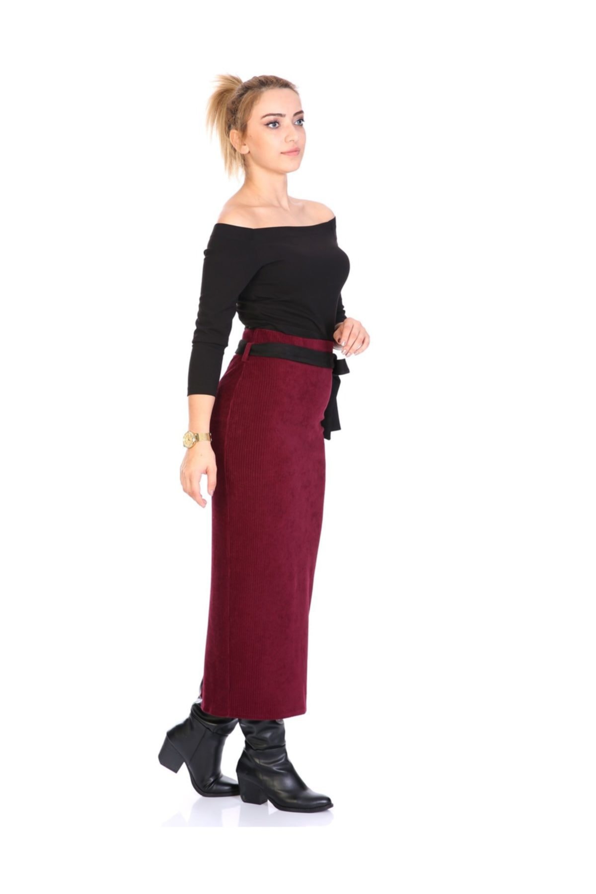 apsen Kuşaklı Yırtmaçlı Fitilli Kadife Etek 2111/90 Mor