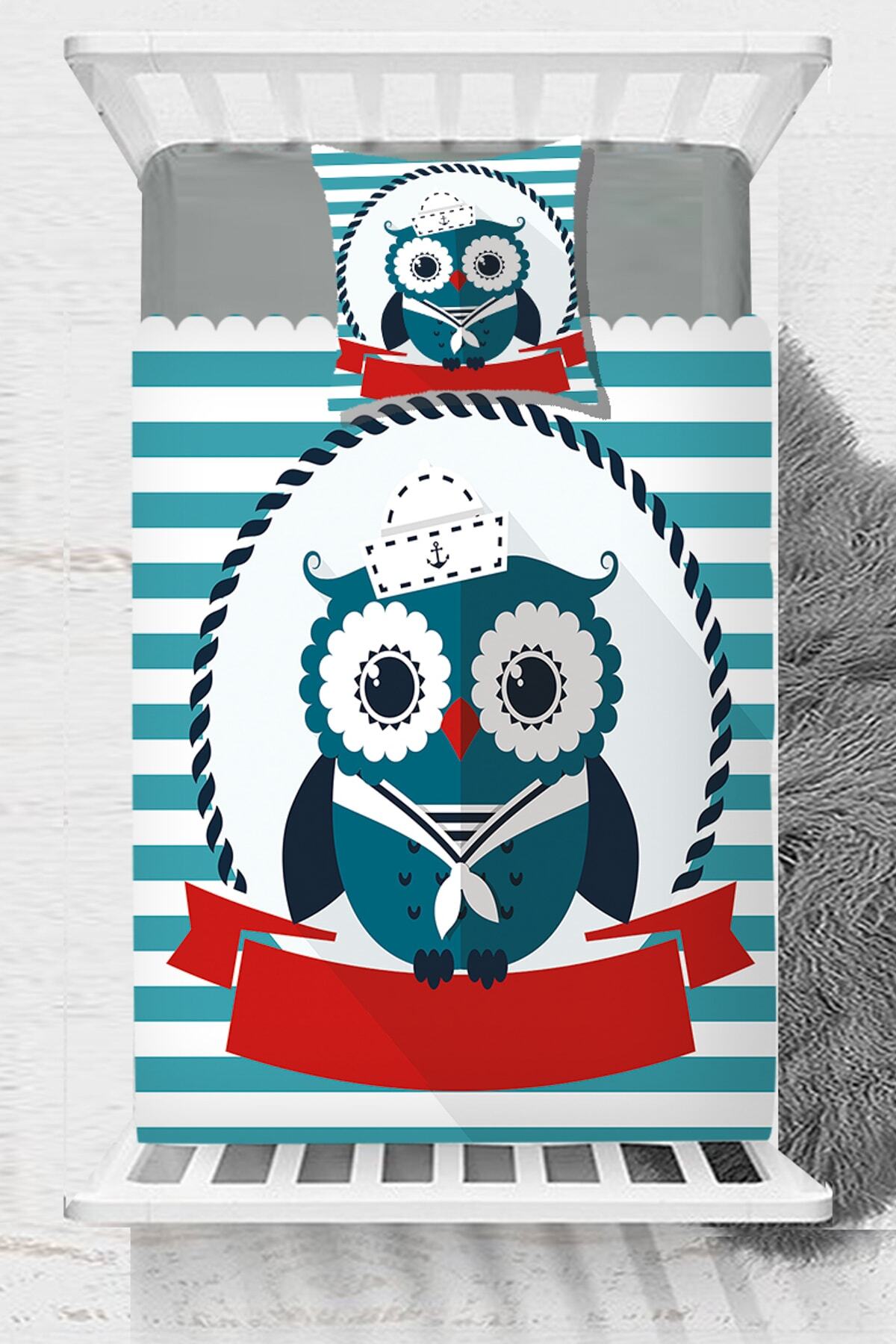 Else Mavi Kırmızı Çizgili Denizci Baykuş Çocuk Bebek Yatak Örtüsü - 140x170cm