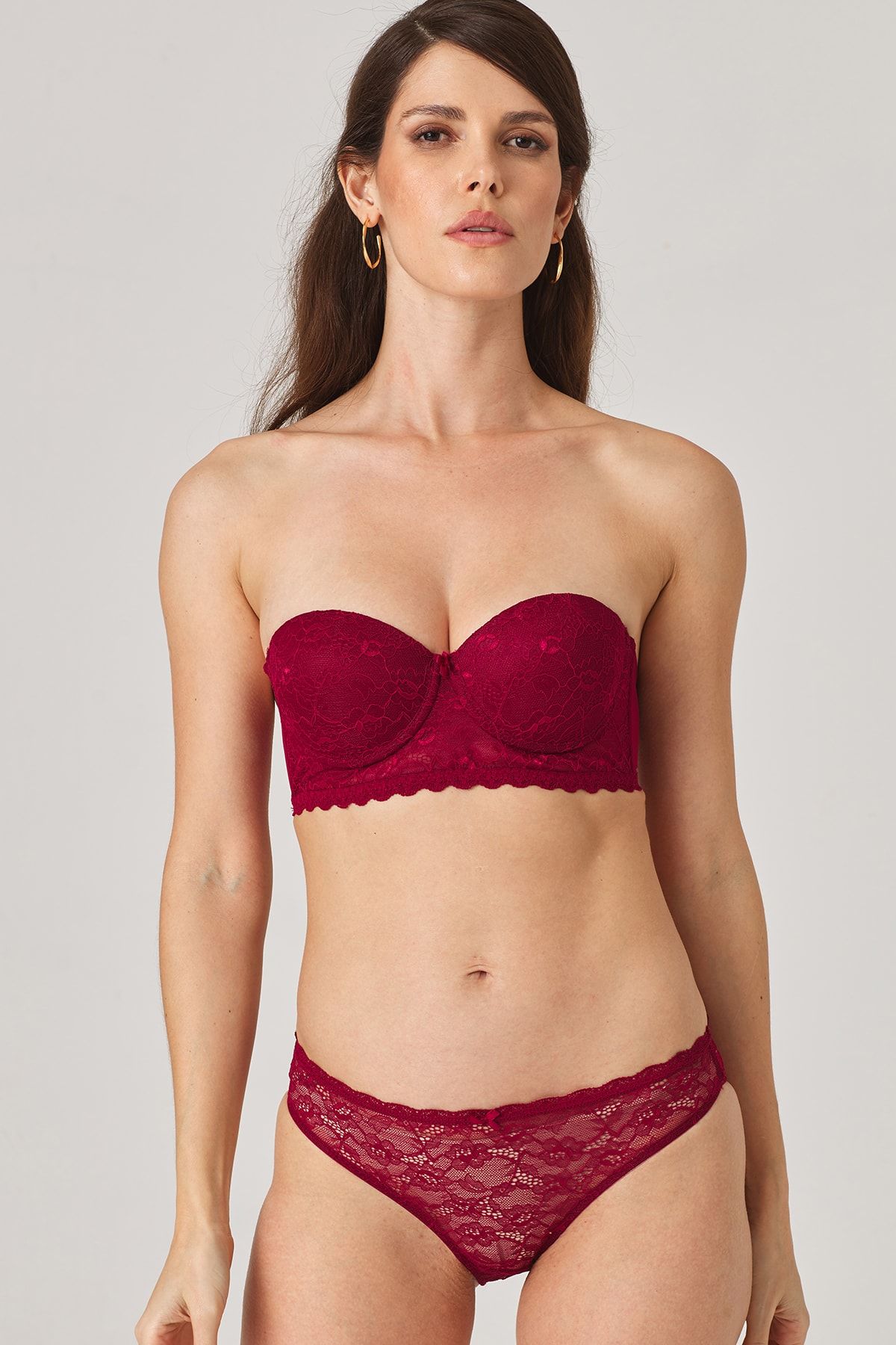 Pierre Cardin Kadın Bordo 4642 Balenli Desteksiz Straplez Sütyen Takım