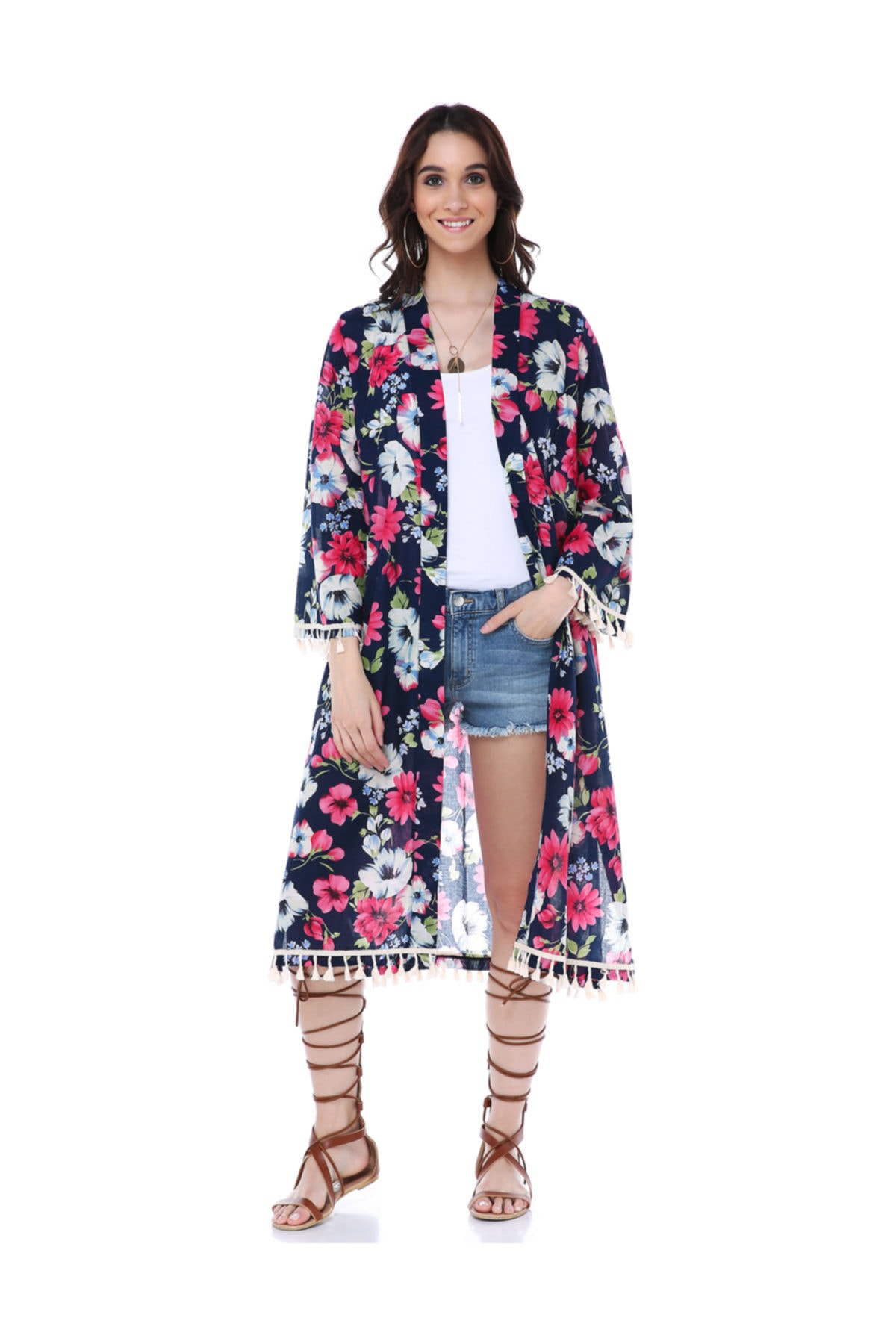 Diger Karakterler Sahil Plaj Günlük Kullanım Için Püskülü Aksesuarlı Yazlık Uzun Kimono