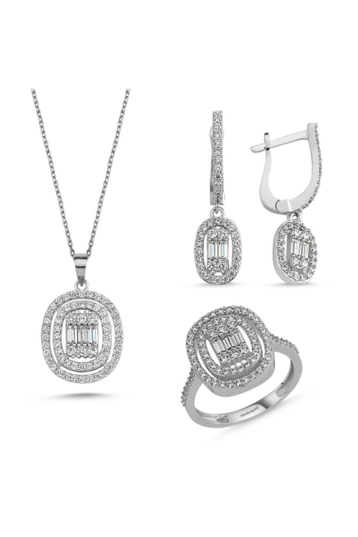 Sembol Gold Beyaz Altın Set Baget Taşlı 3lü Takım