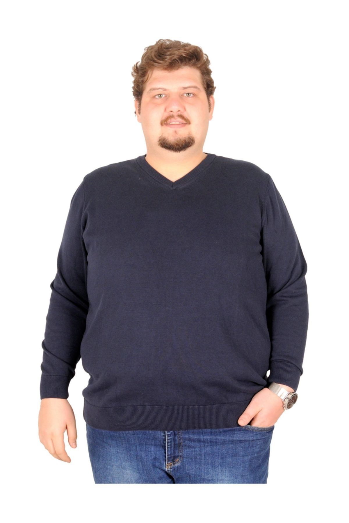 ModeXL Buyuk Beden Kazak V Yaka Cotton Classic 18250 Lacivert