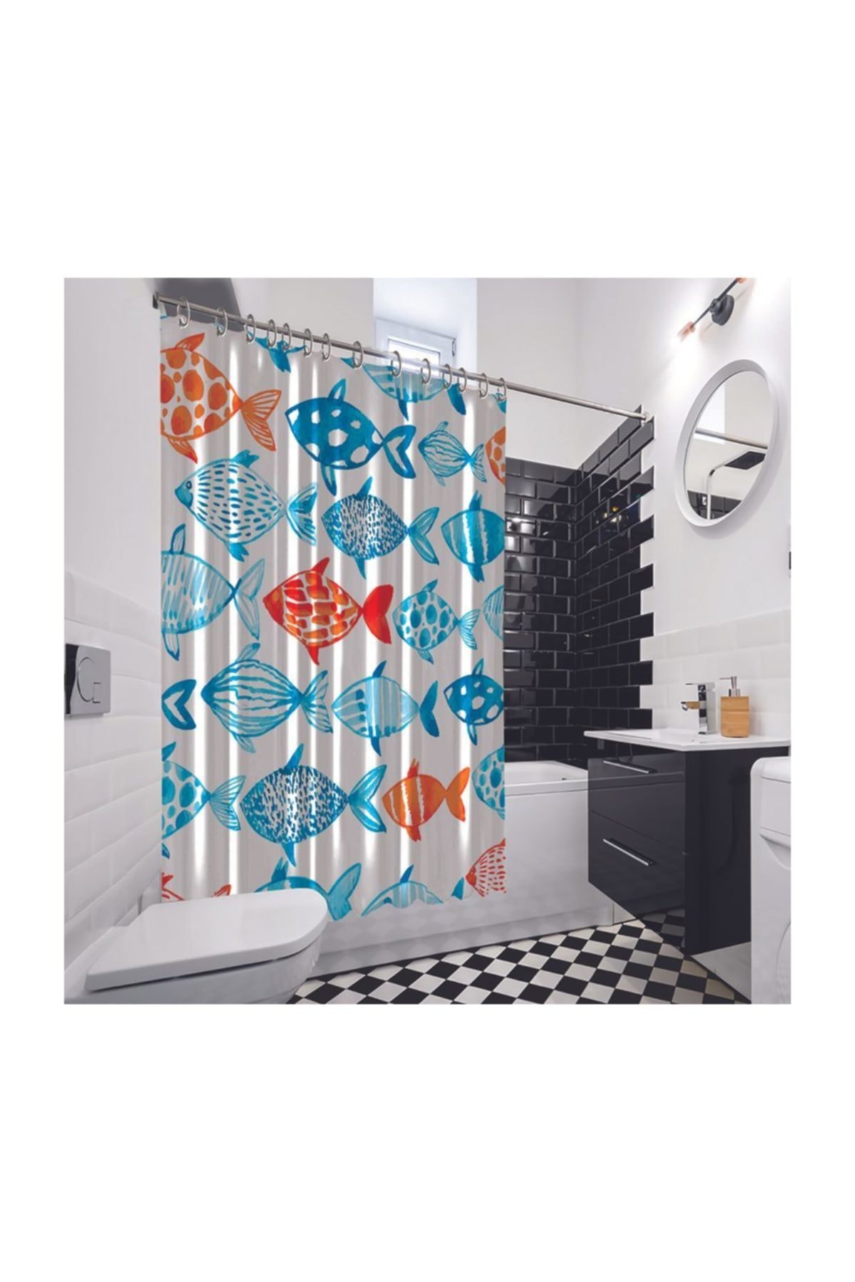 Henge Home Sulu Boya Etkili Mavi Balık Desenli Duşperdesi