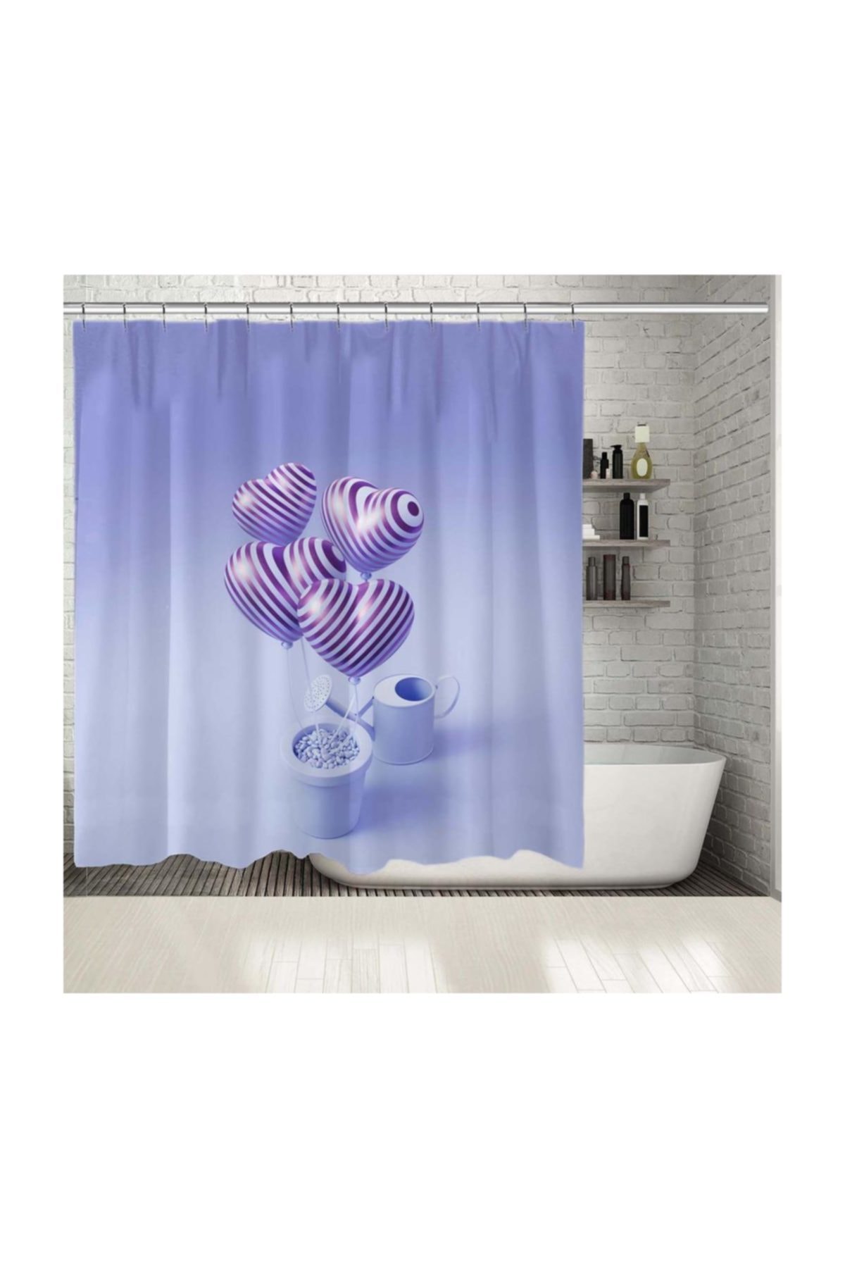 Henge Home Baskılı Duş Perde Saksıdan Çıkan Çizgili Mor Kalpler Desenli