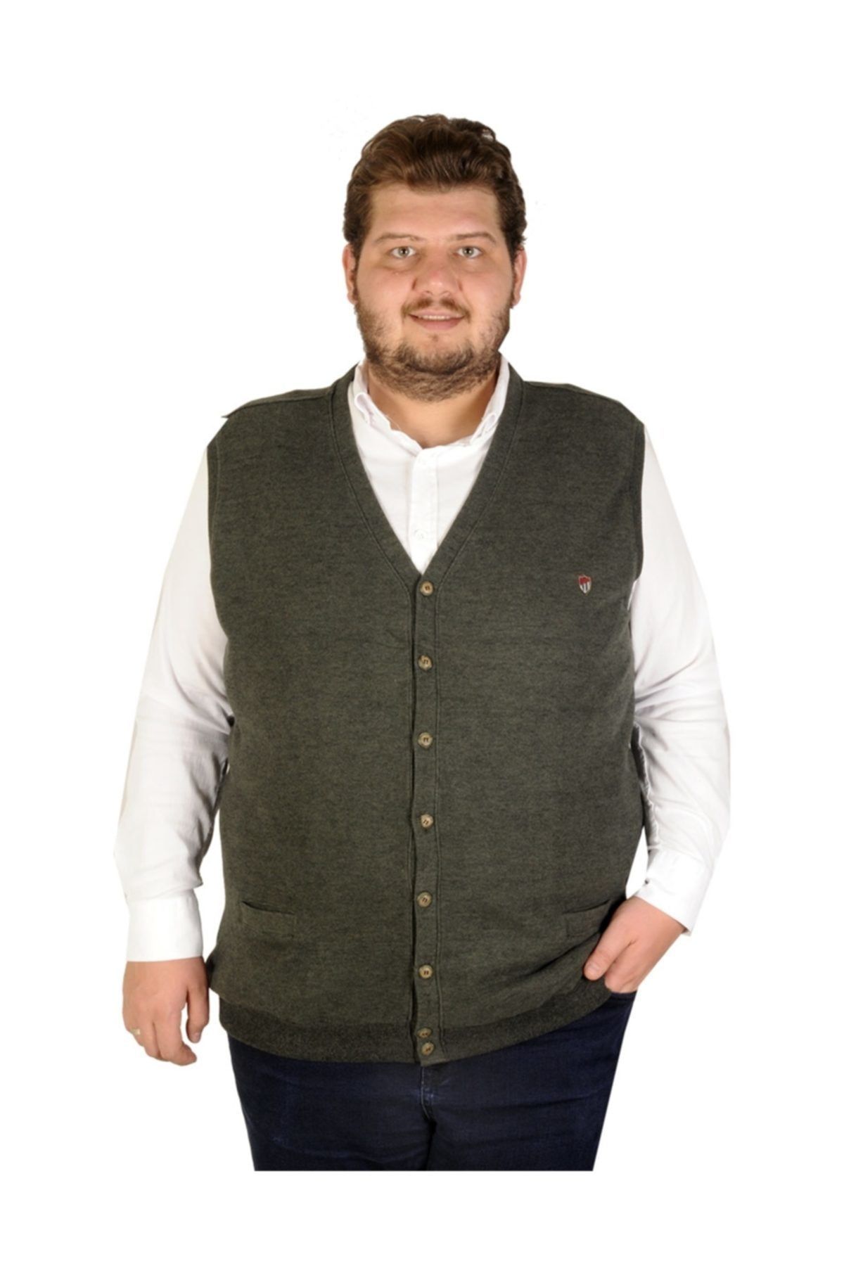 ModeXL Büyük Beden Erkek Yelek Pıtırcık Selanik Düğmeli 19521 Haki