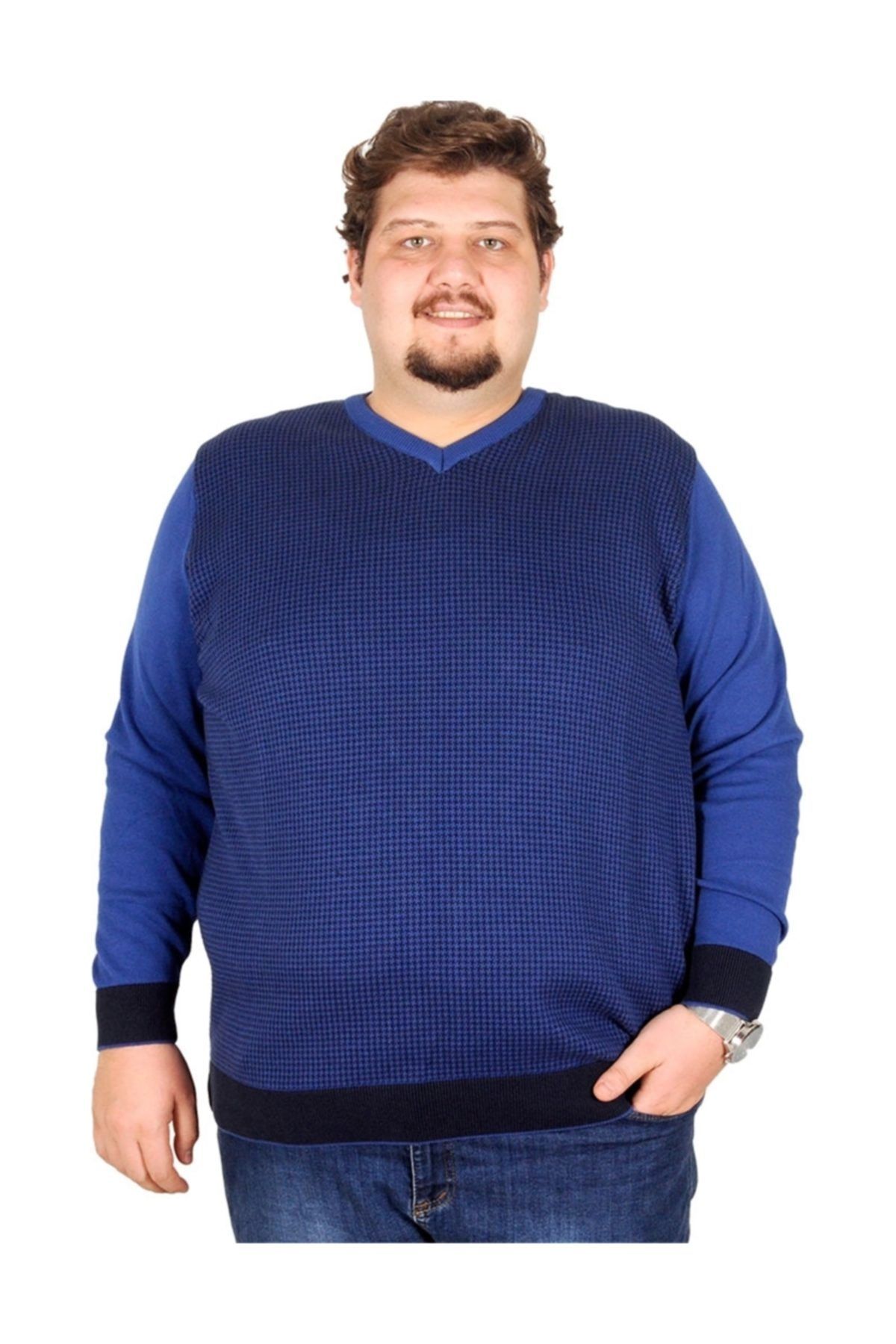 ModeXL Buyuk Beden Erkek Kazak V Yaka Cotton Star 18261 Saks