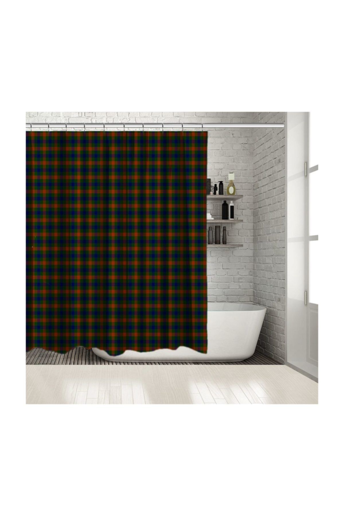 Henge Home Saks Oranj Yeşil Tartan Kare Küçük Ekose Desenli Duşperdesi