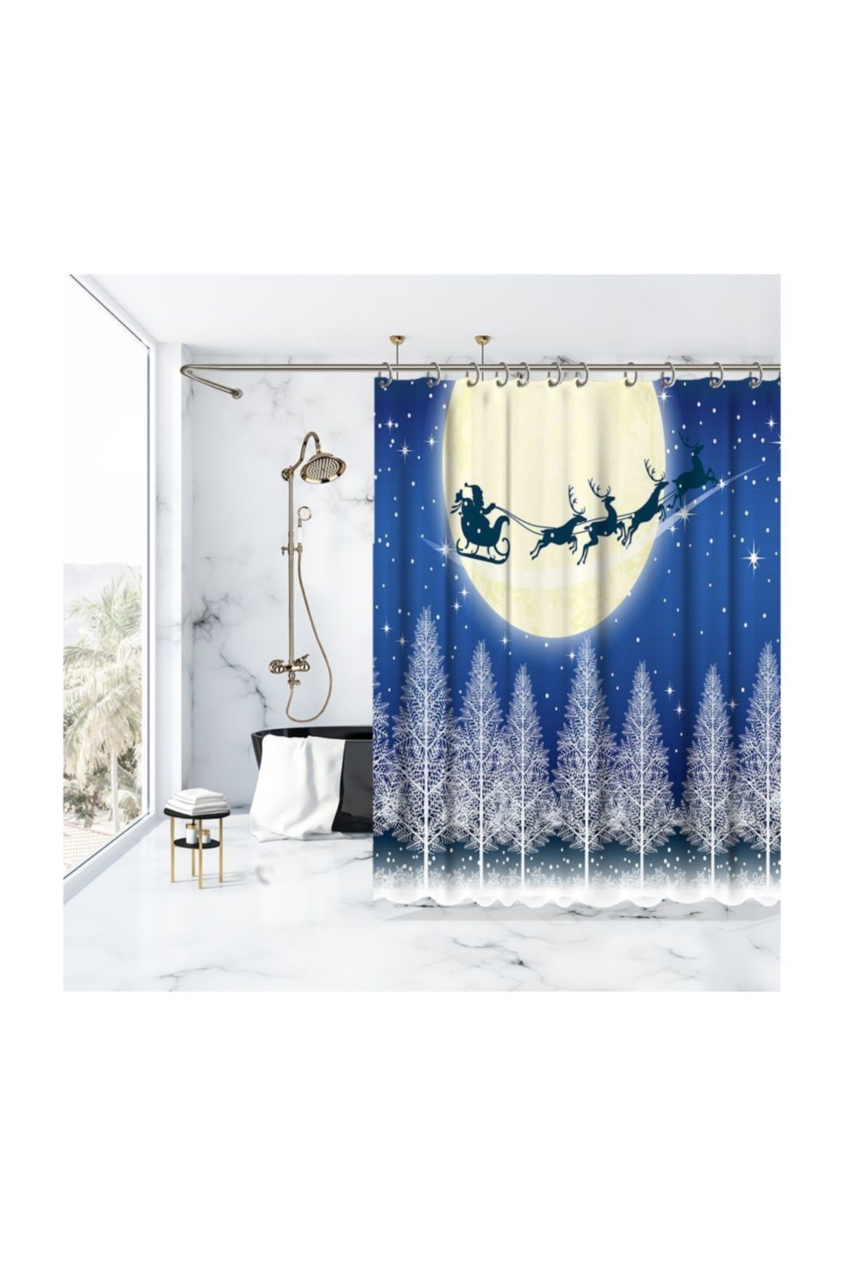 Henge Home Mavi Gece Ay Işığında Ağaçlar Üzerinde Uçan Kızaklı Noel Baba Duşperdesi