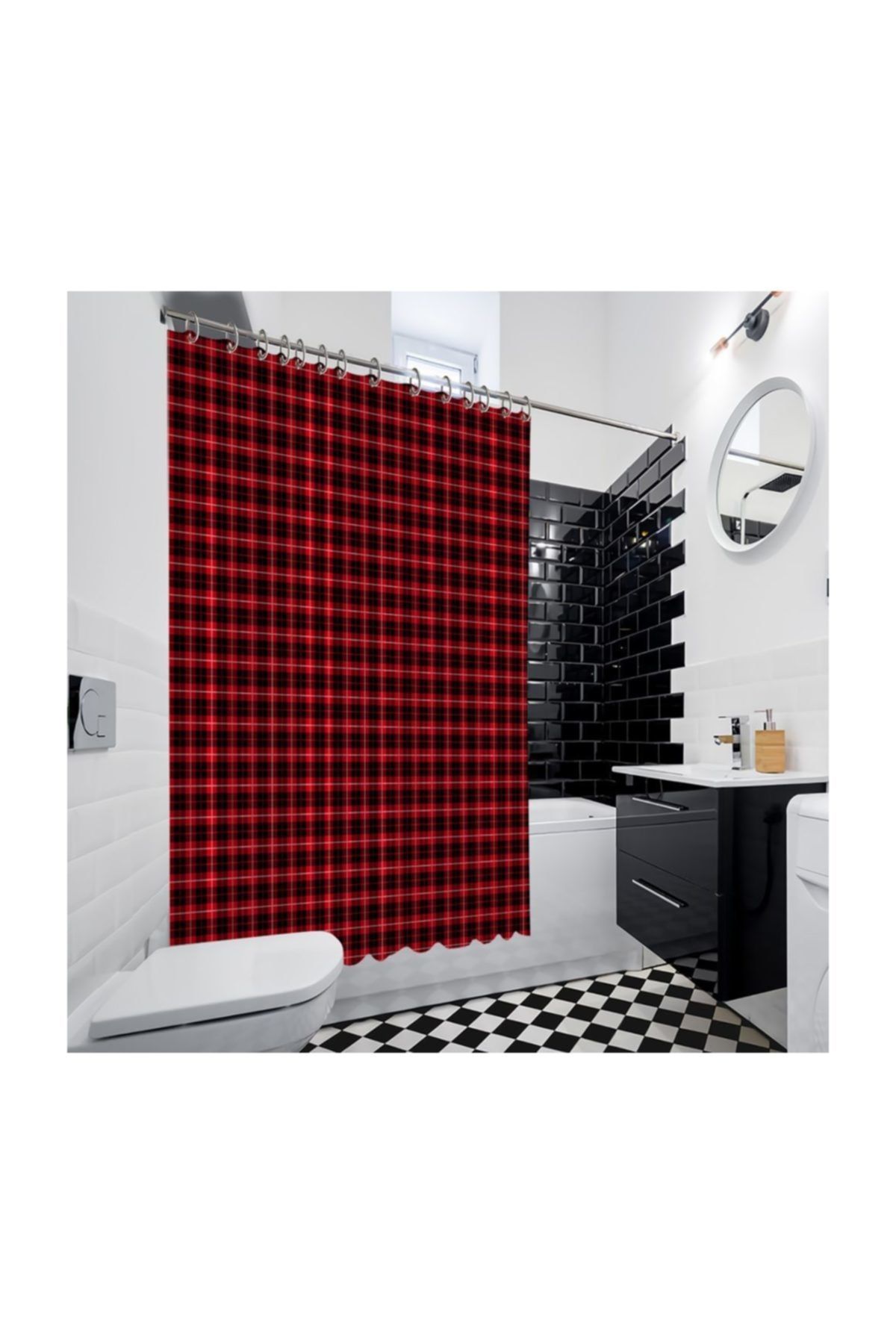 Henge Home Kırmızı Siyah Beyaz Çizgili Tartan Küçük Ekose Desen Duşperdesi