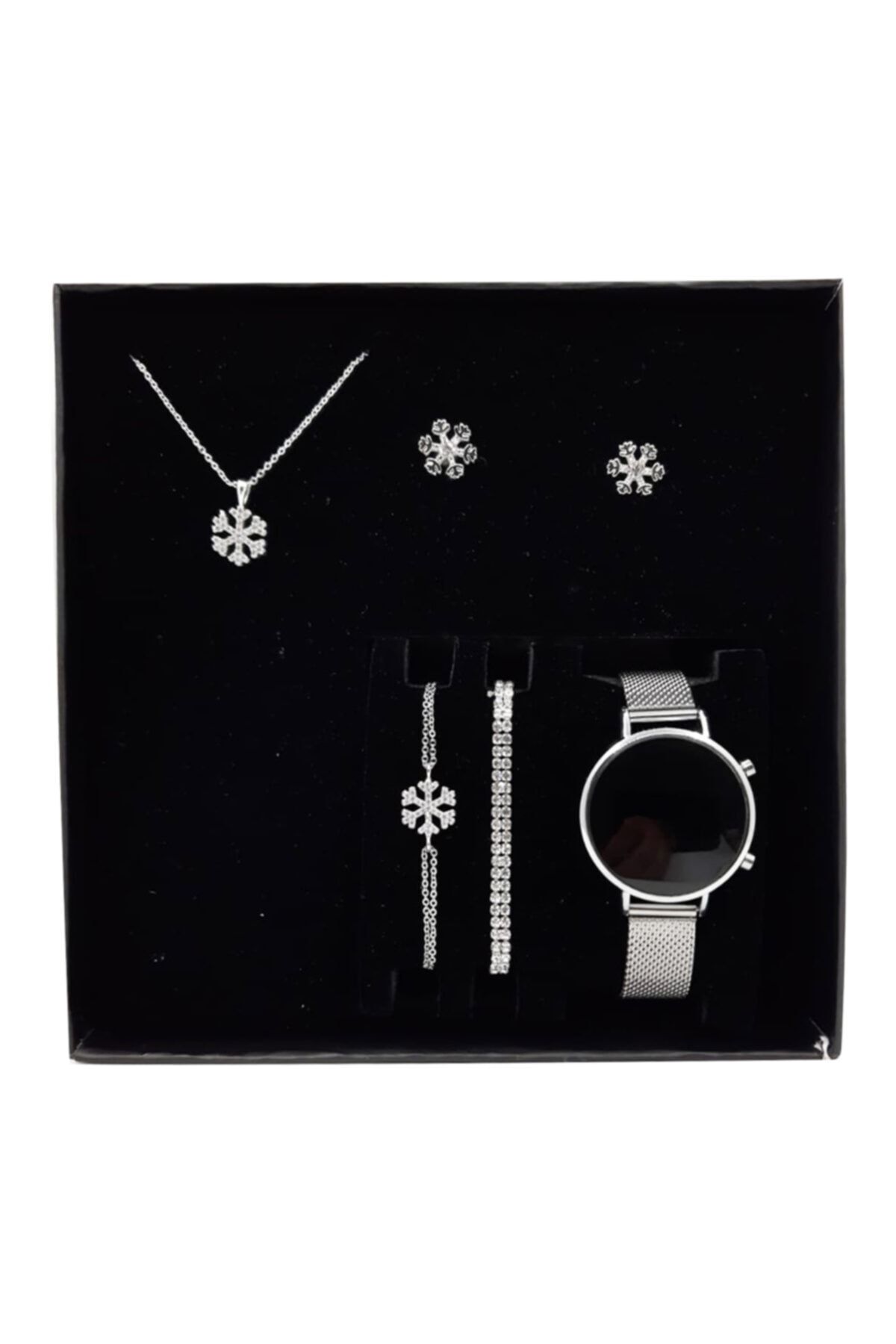 Accessories Gümüş Renk Kar Tanesi Kolye Küpe Bileklik Taşlı Bileklik Dijital Saat Seti