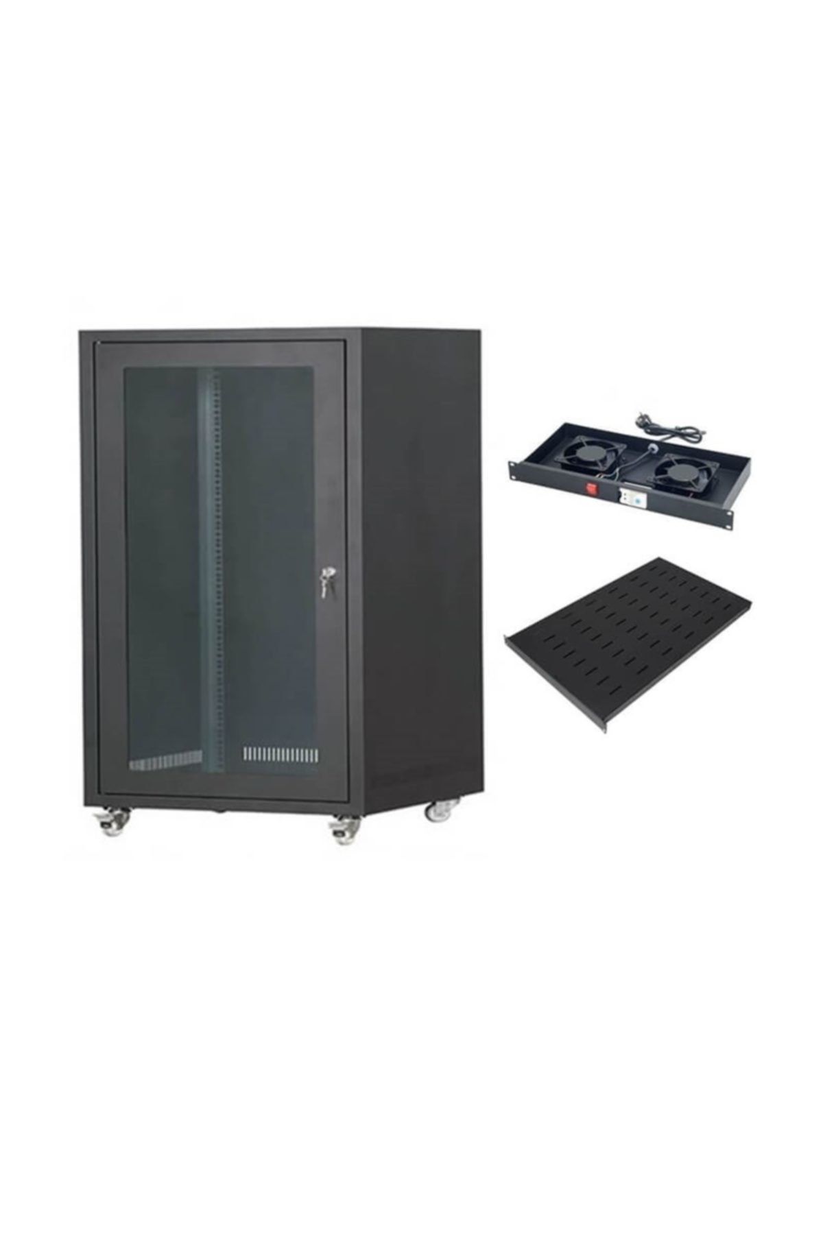 Lastvoice 19'' Tekerlekli Camlı 12u Rack Kabinet + Fan + Sabit Raf