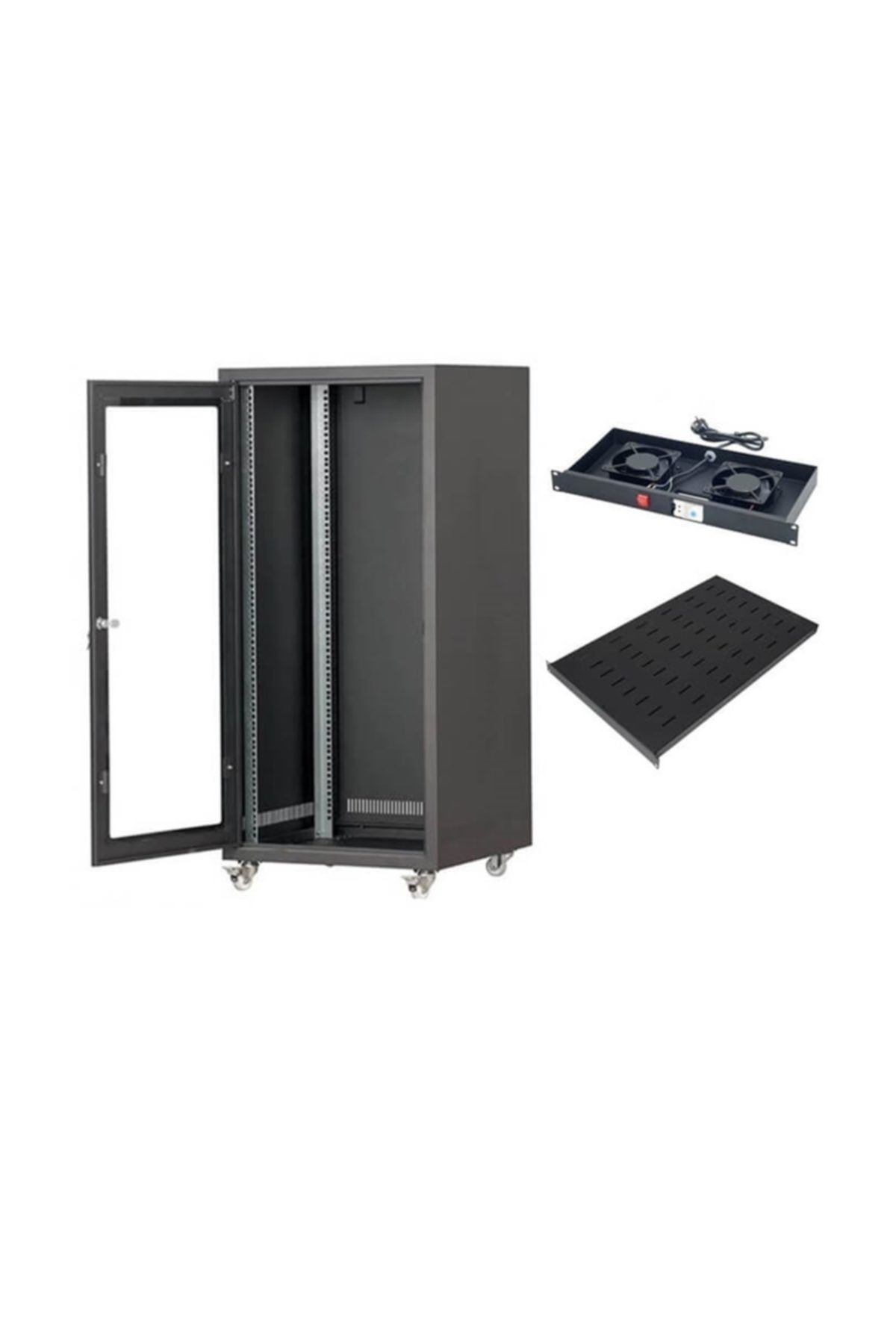 Lastvoice 19'' Tekerlekli Camlı 16u Rack Kabinet + Fan + Sabit Raf