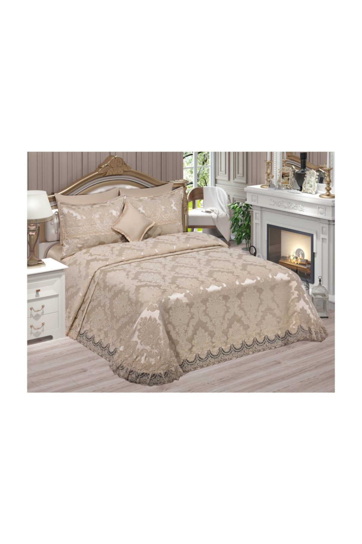 Elisa home Sultan Çift Kişilik Nervürlü Çeyizlik Pike Takımı Şönil Kumaş Cappuccino